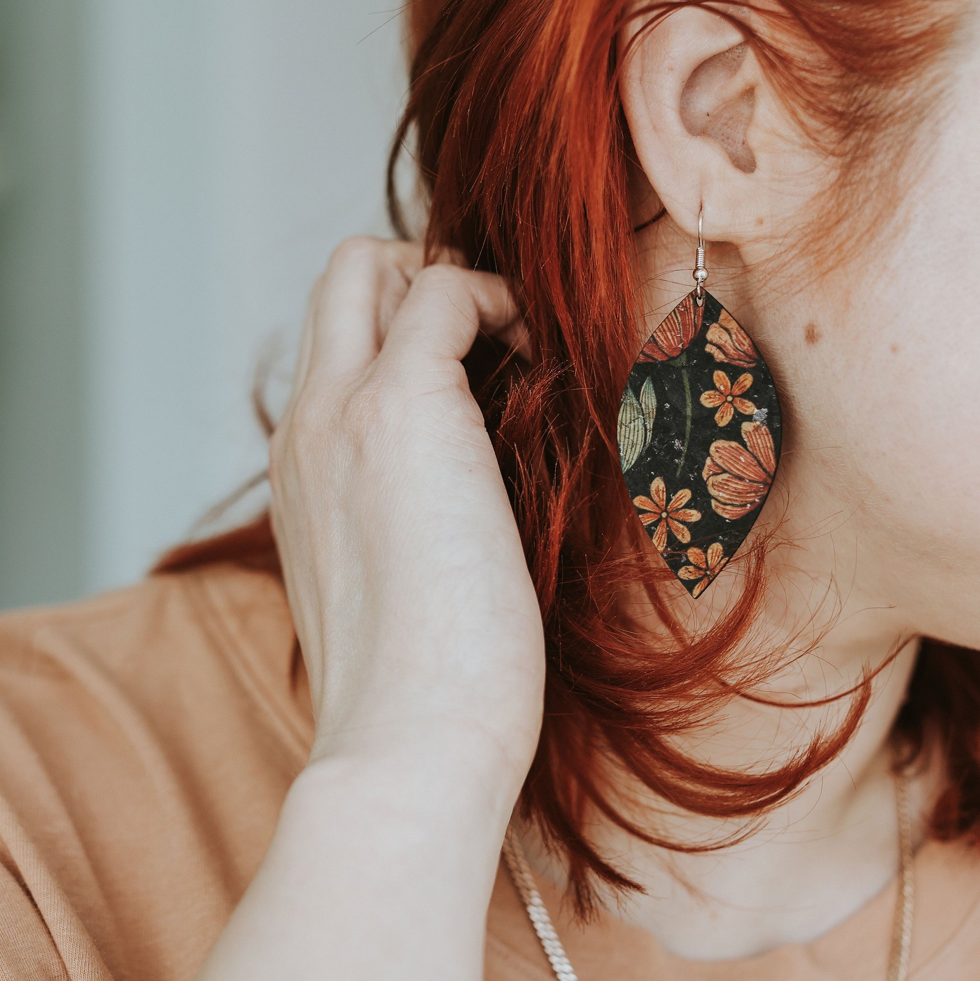 Floral on Black Cork Earrings - Large Leaf