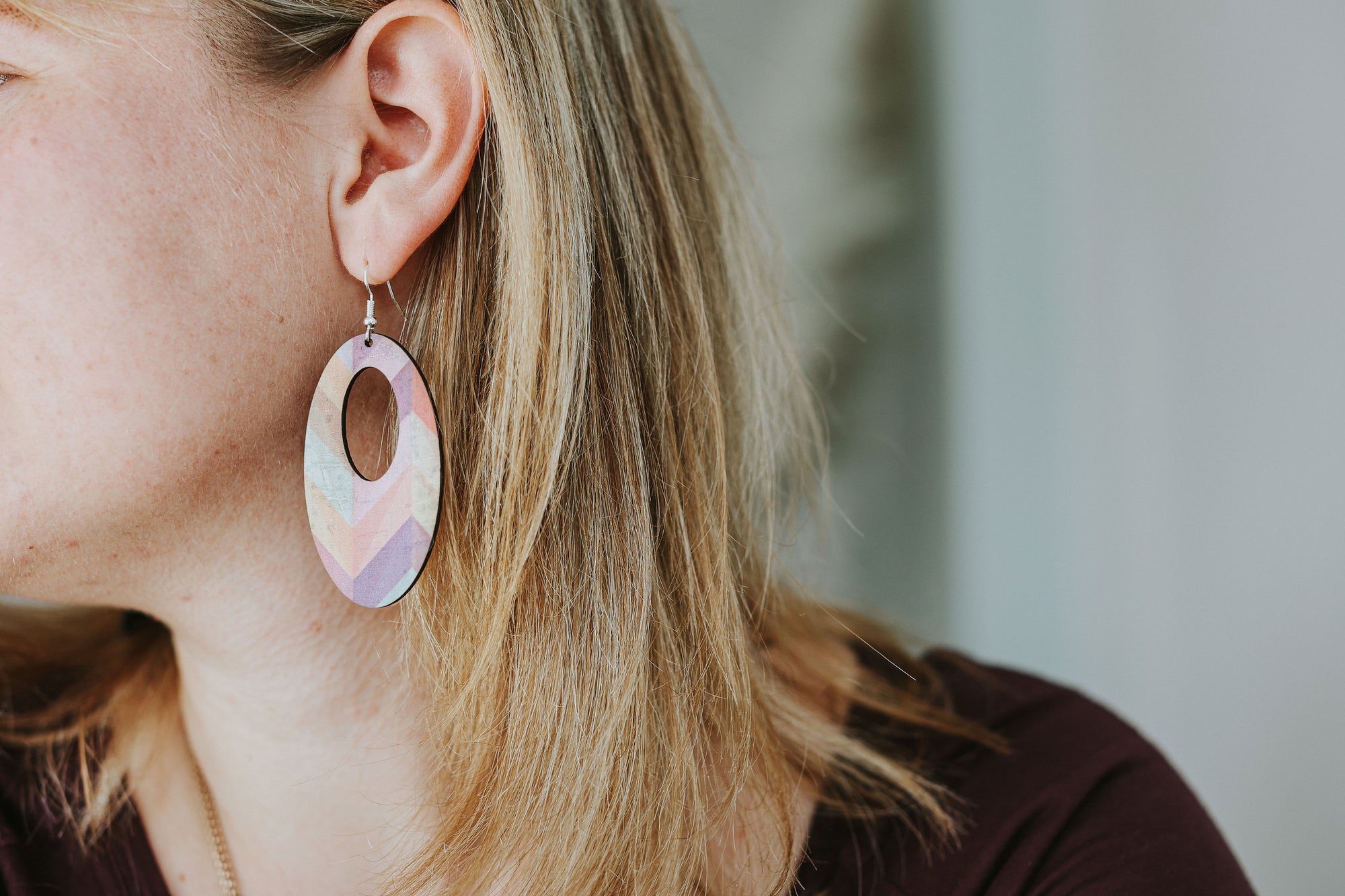 Pink Herringbone Cork Earrings - Oval