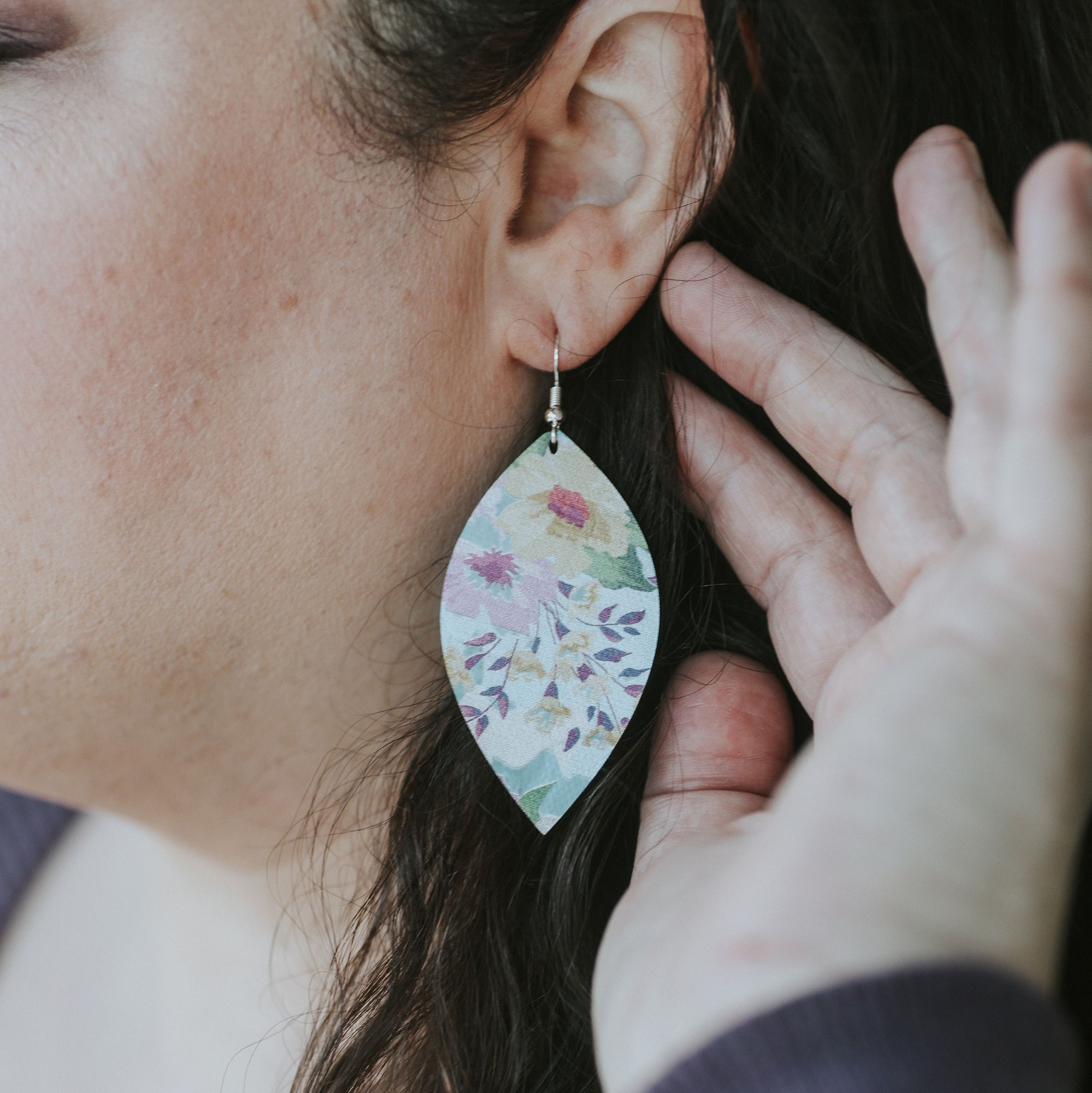 Spring Floral on Blue Cork Earrings - Large Leaf