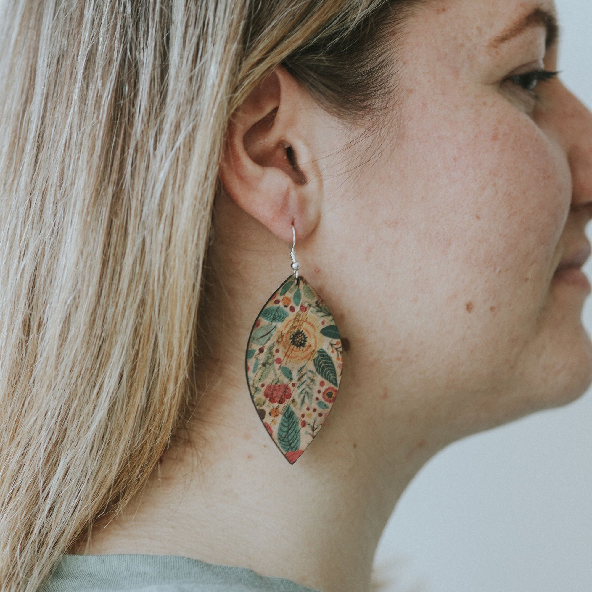 Green and Pink Floral Cork Earrings - Large Leaf
