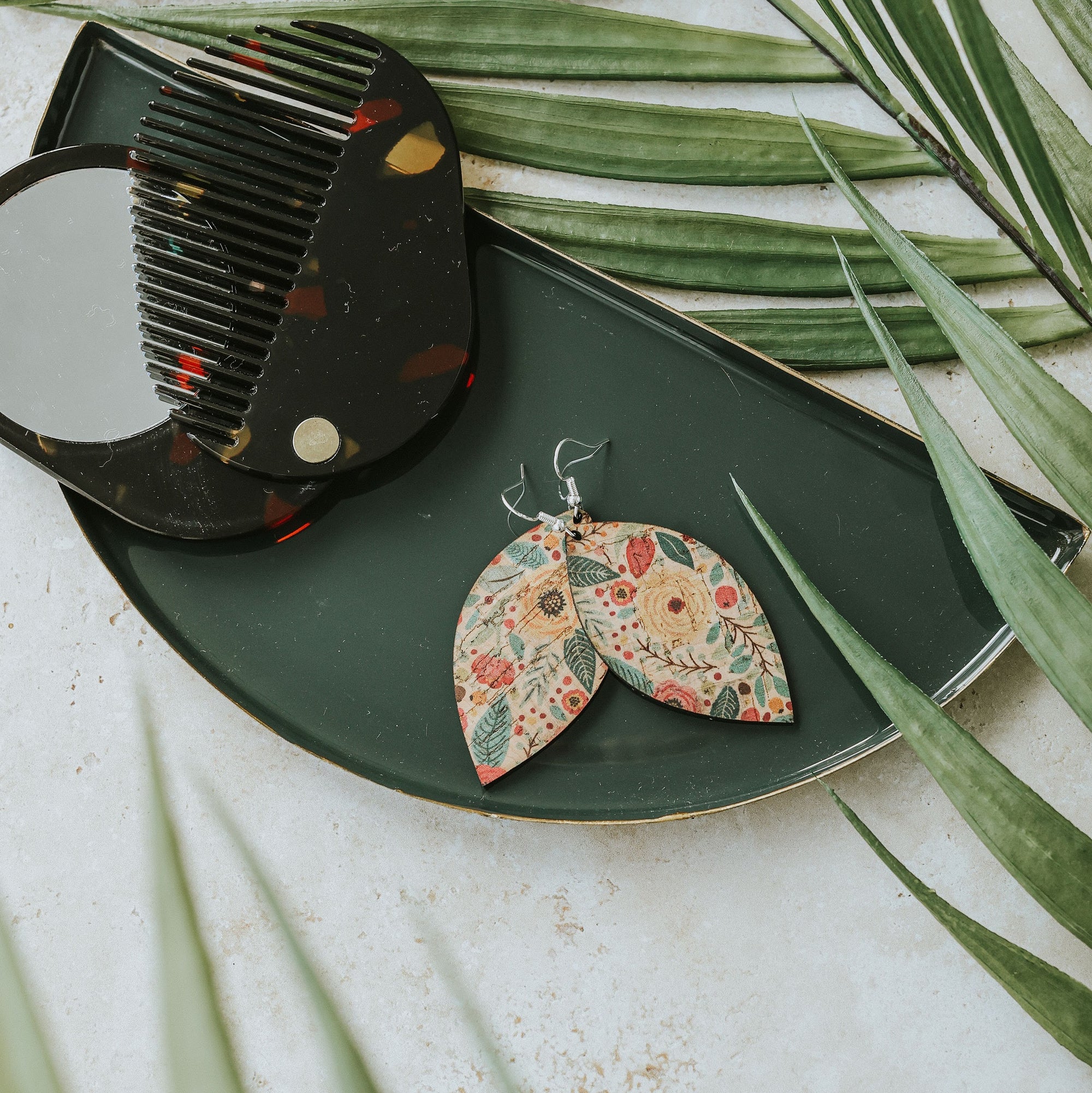Green and Pink Floral Cork Earrings - Large Leaf