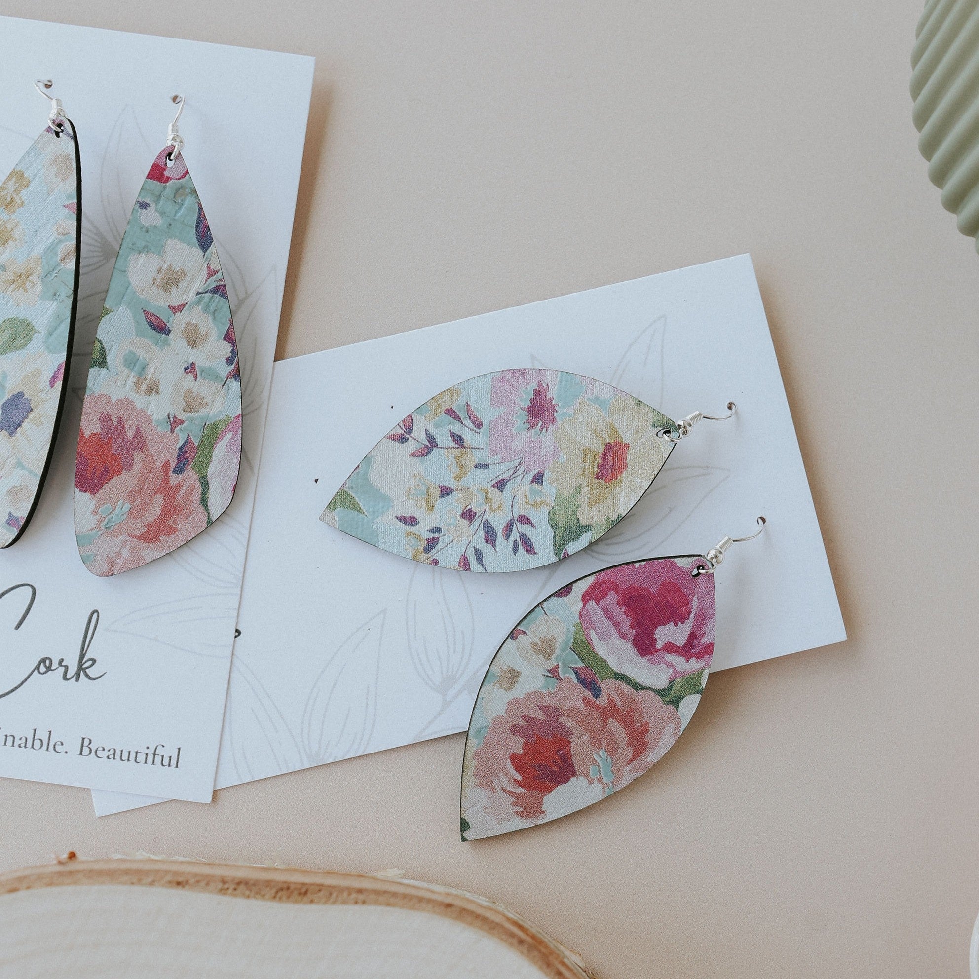 Spring Floral on Blue Cork Earrings - Large Leaf
