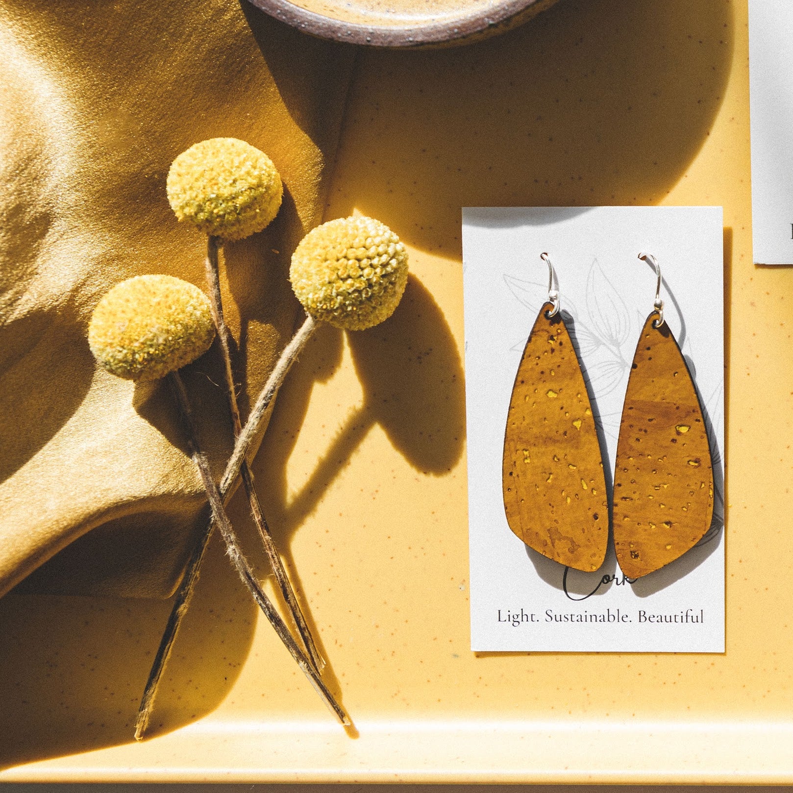 Ochre Yellow Cork Earrings - Small Wing