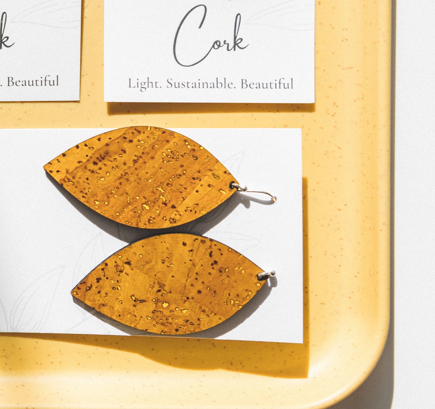 Ochre Yellow Cork Earrings - Large Leaf