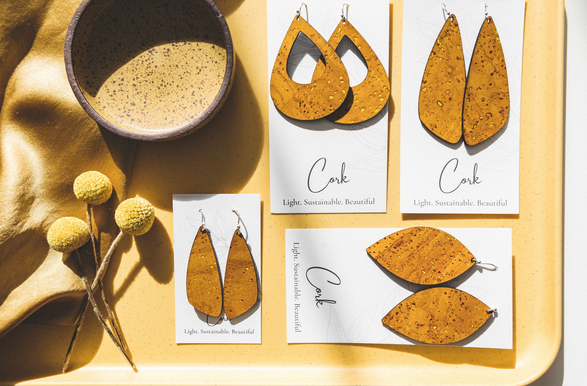 Ochre Yellow Cork Earrings - Large Wing