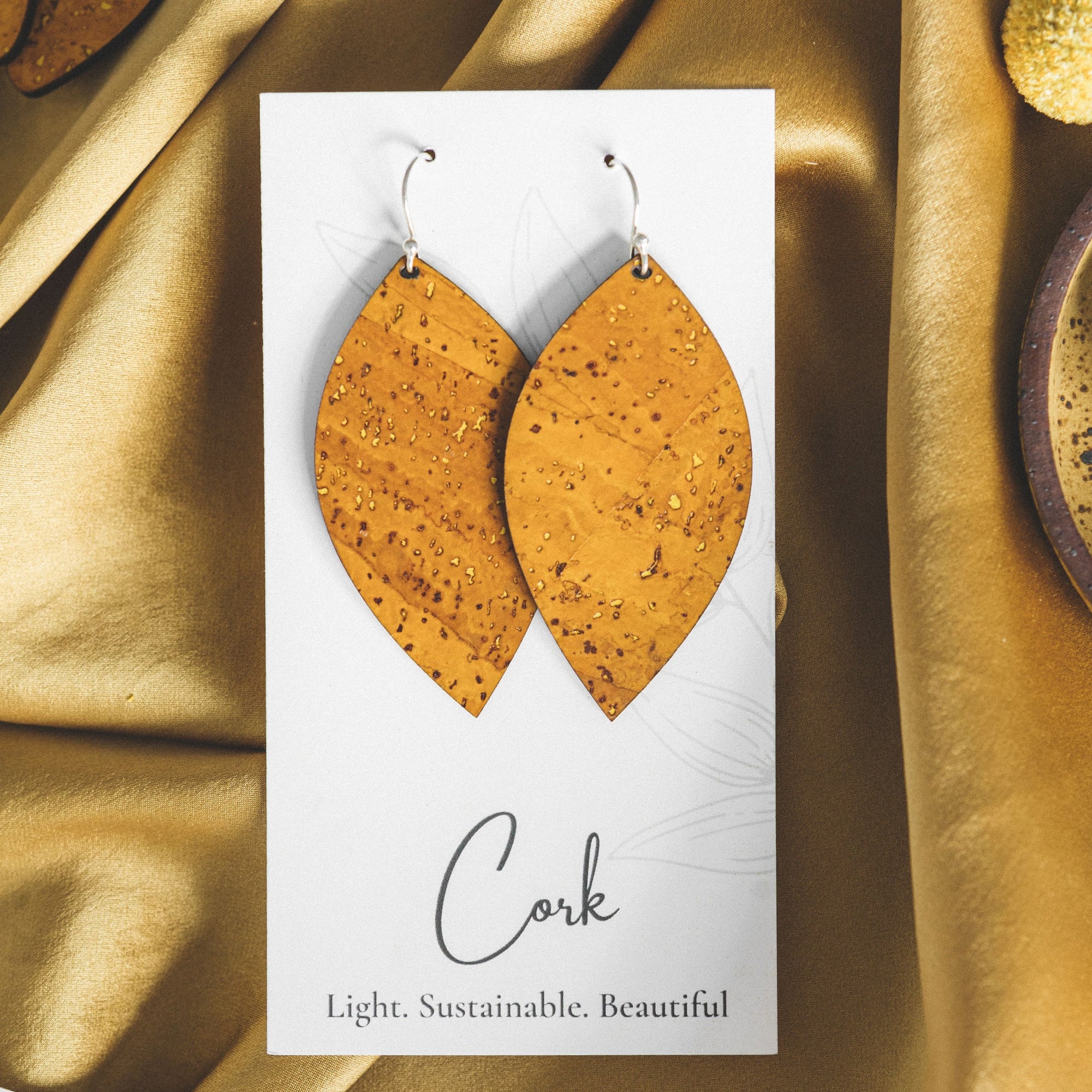 Ochre Yellow Cork Earrings - Large Leaf