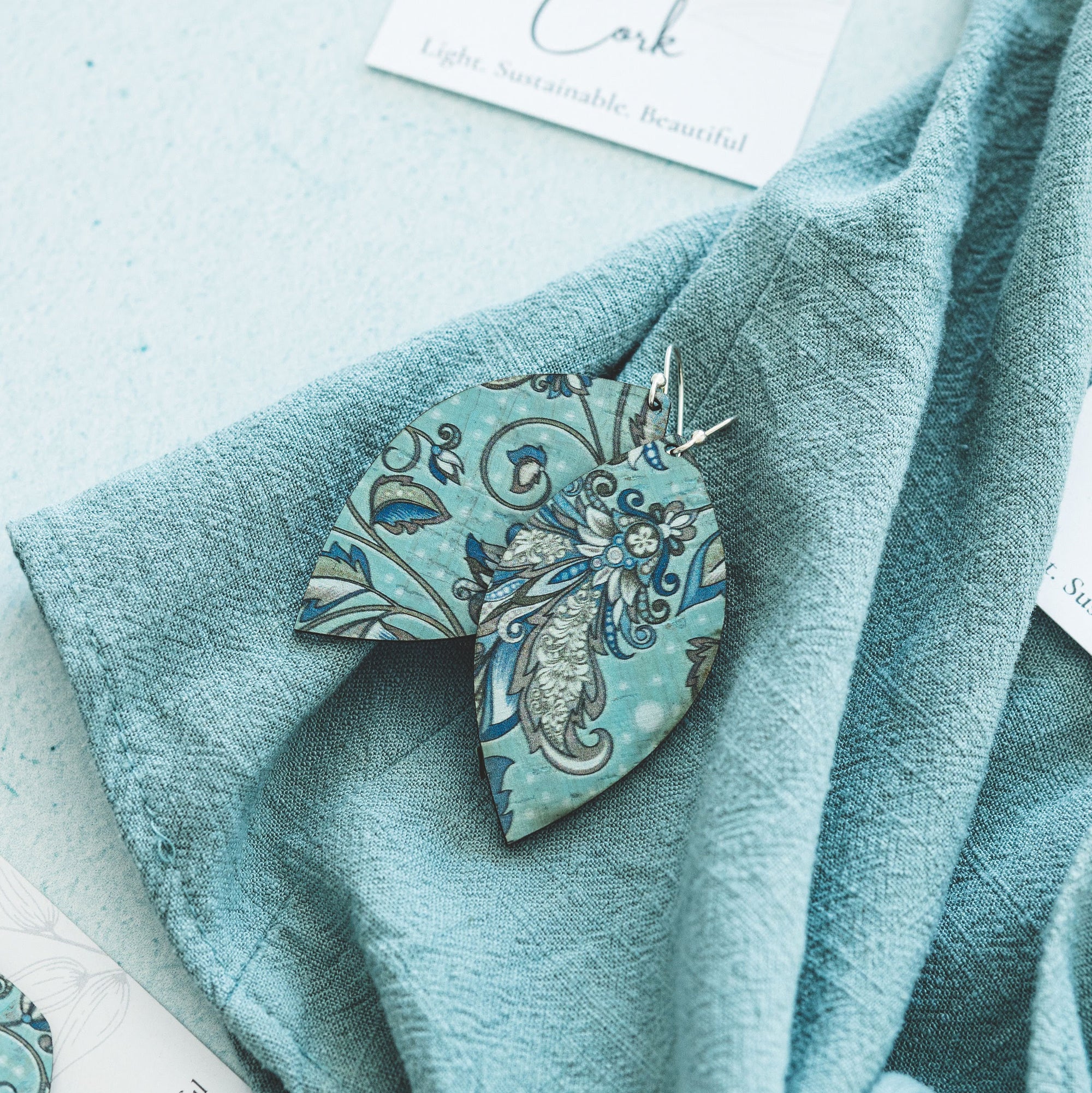 Olive and Teal Floral Cork Earrings -Large Leaf