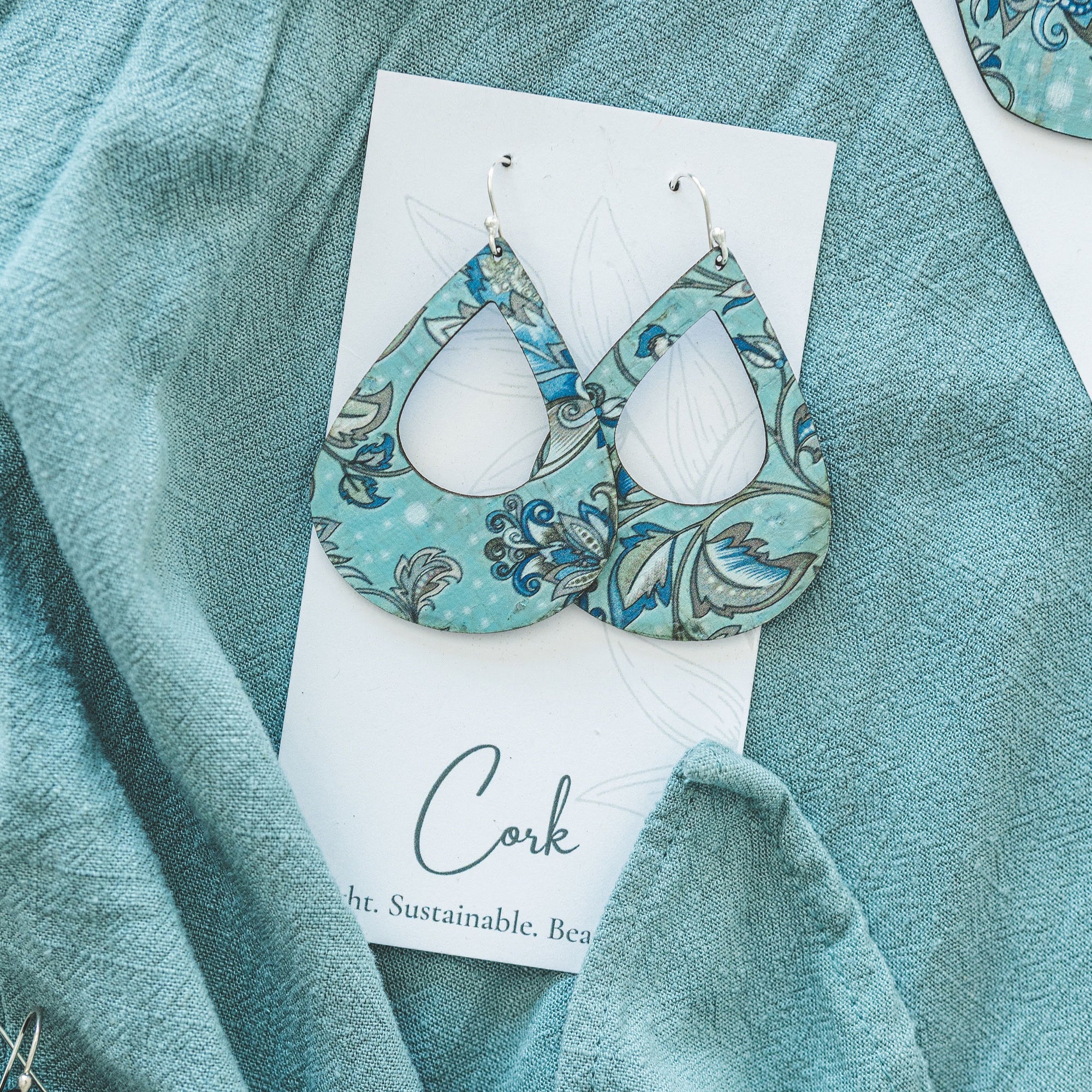 Olive and Teal Floral Cork Earrings - Large Teardrop