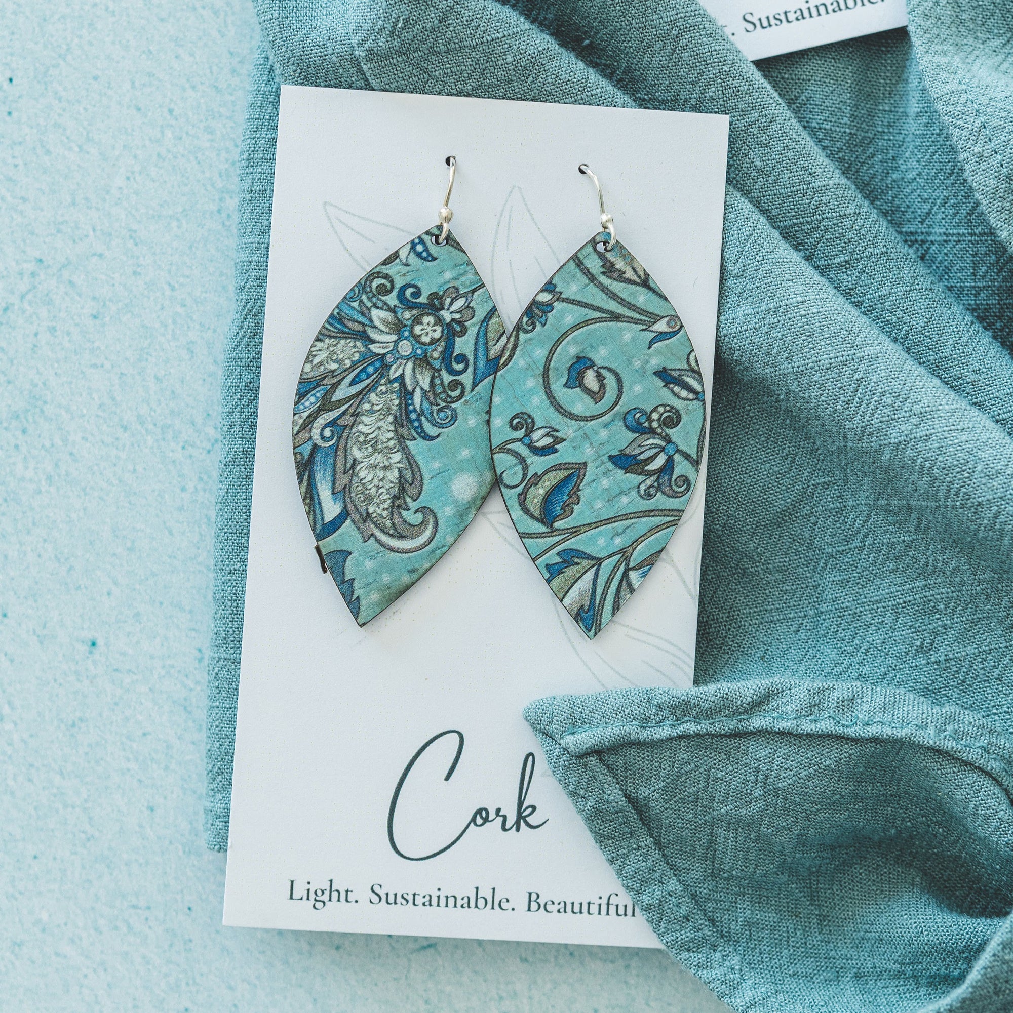 Olive and Teal Floral Cork Earrings -Large Leaf