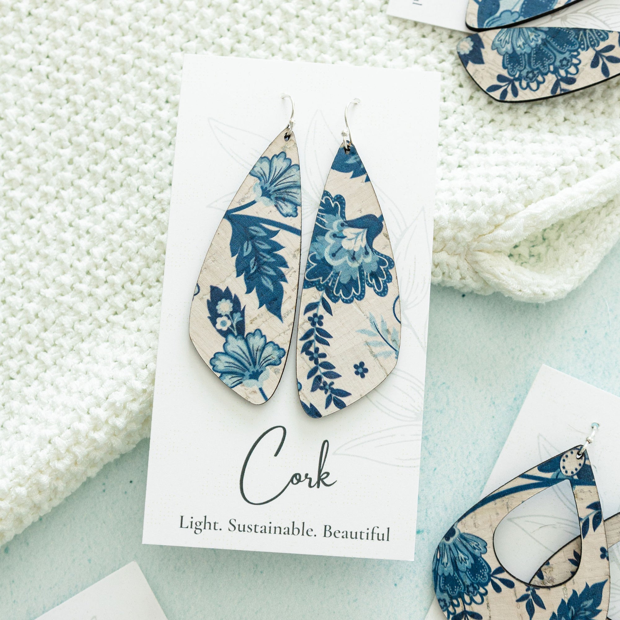 Blue and White Floral Cork Earrings - Large Wing