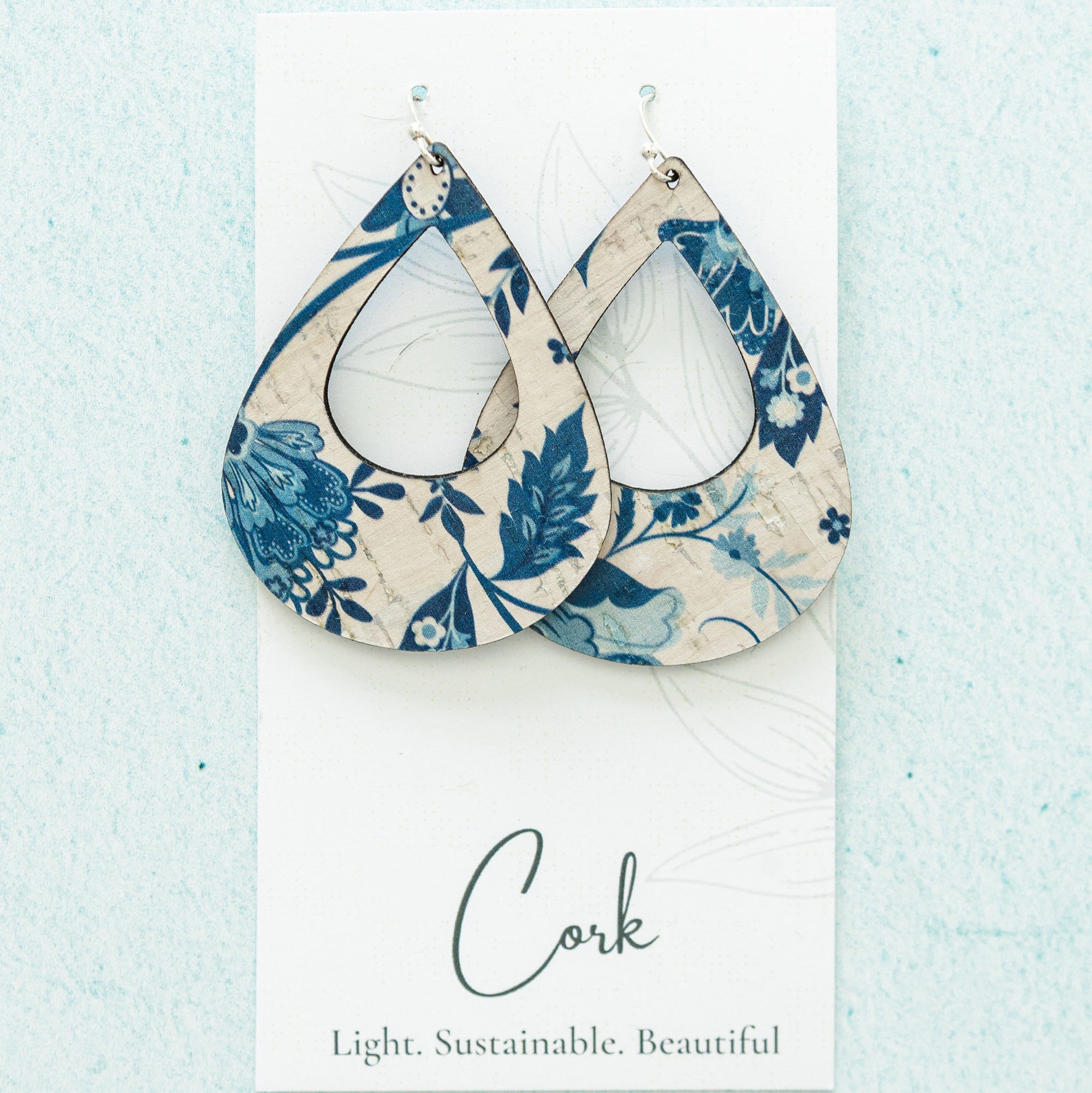 Blue and White Floral Cork Earrings - Large Teardrop