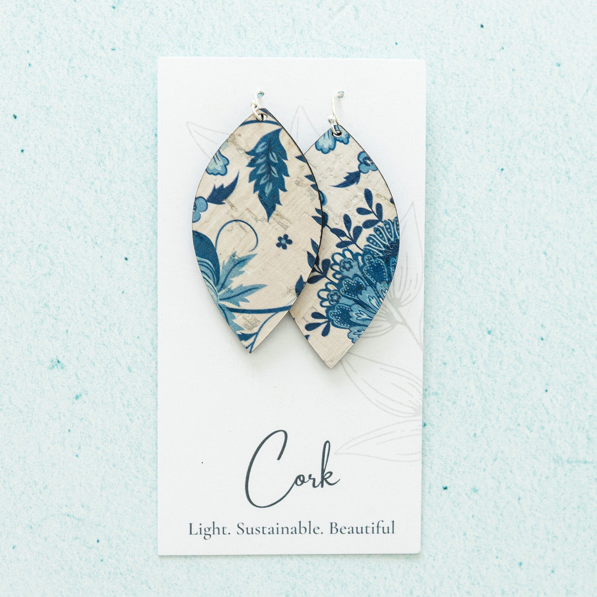Blue and White Floral Cork Earrings - Large Leaf