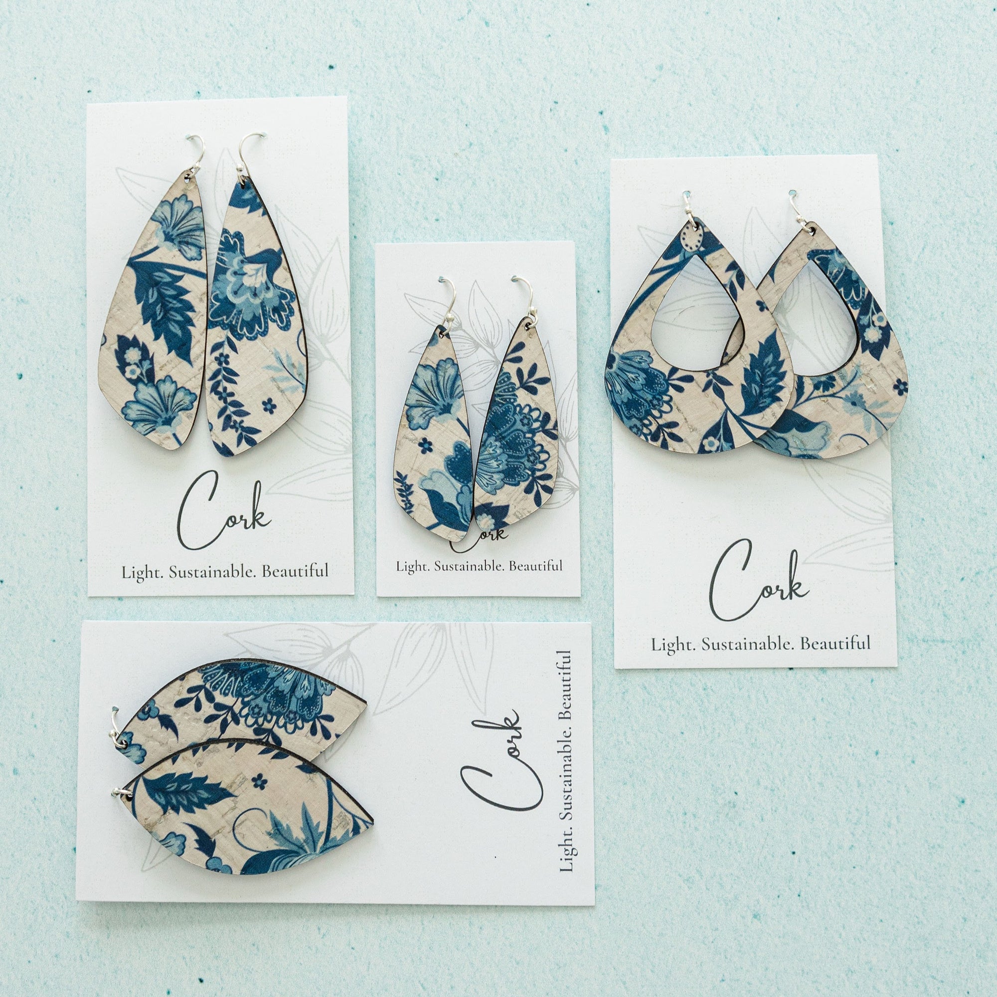 Blue and White Floral Cork Earrings - Large Leaf
