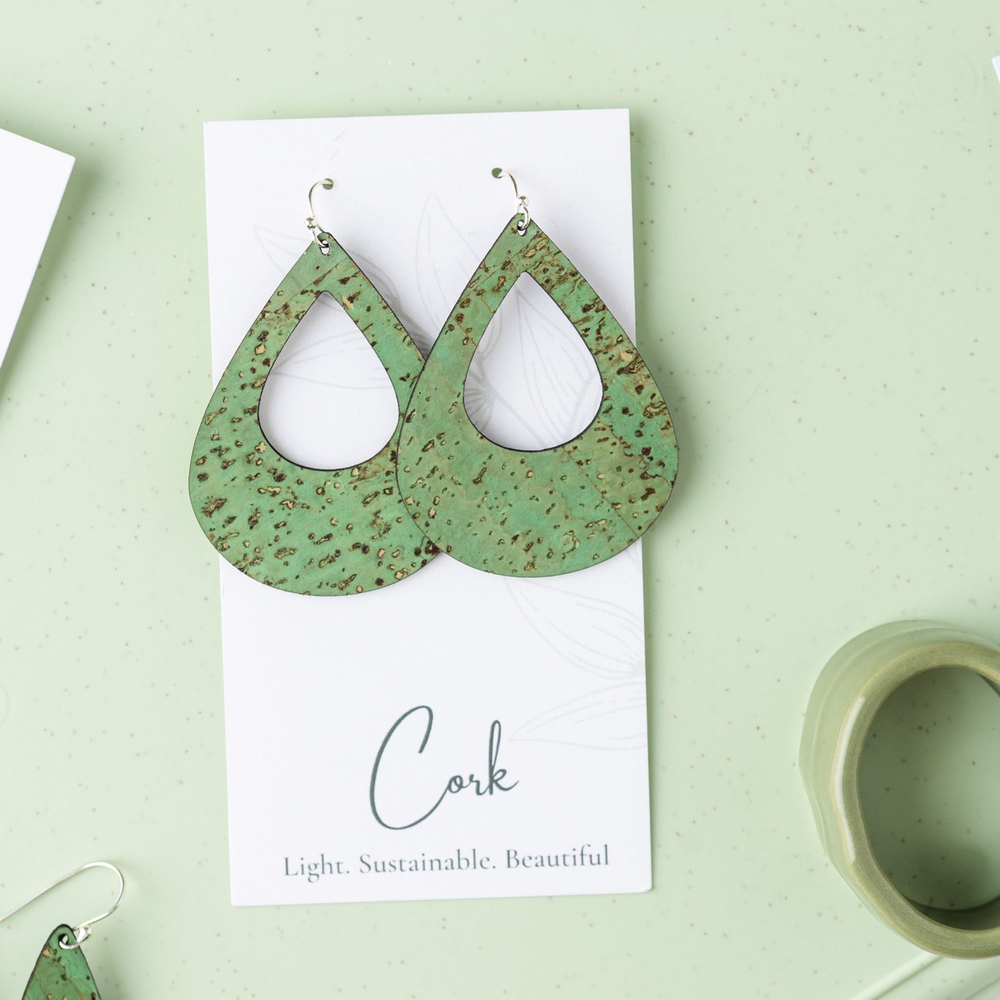 Grass Green Cork Earrings - Large Teardrop