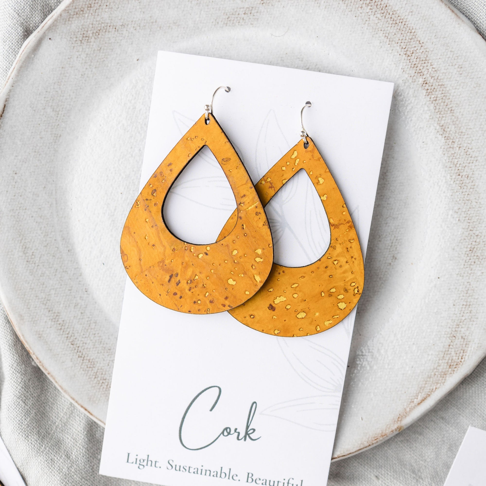 Ochre Yellow Cork Earrings - Large Teardrop