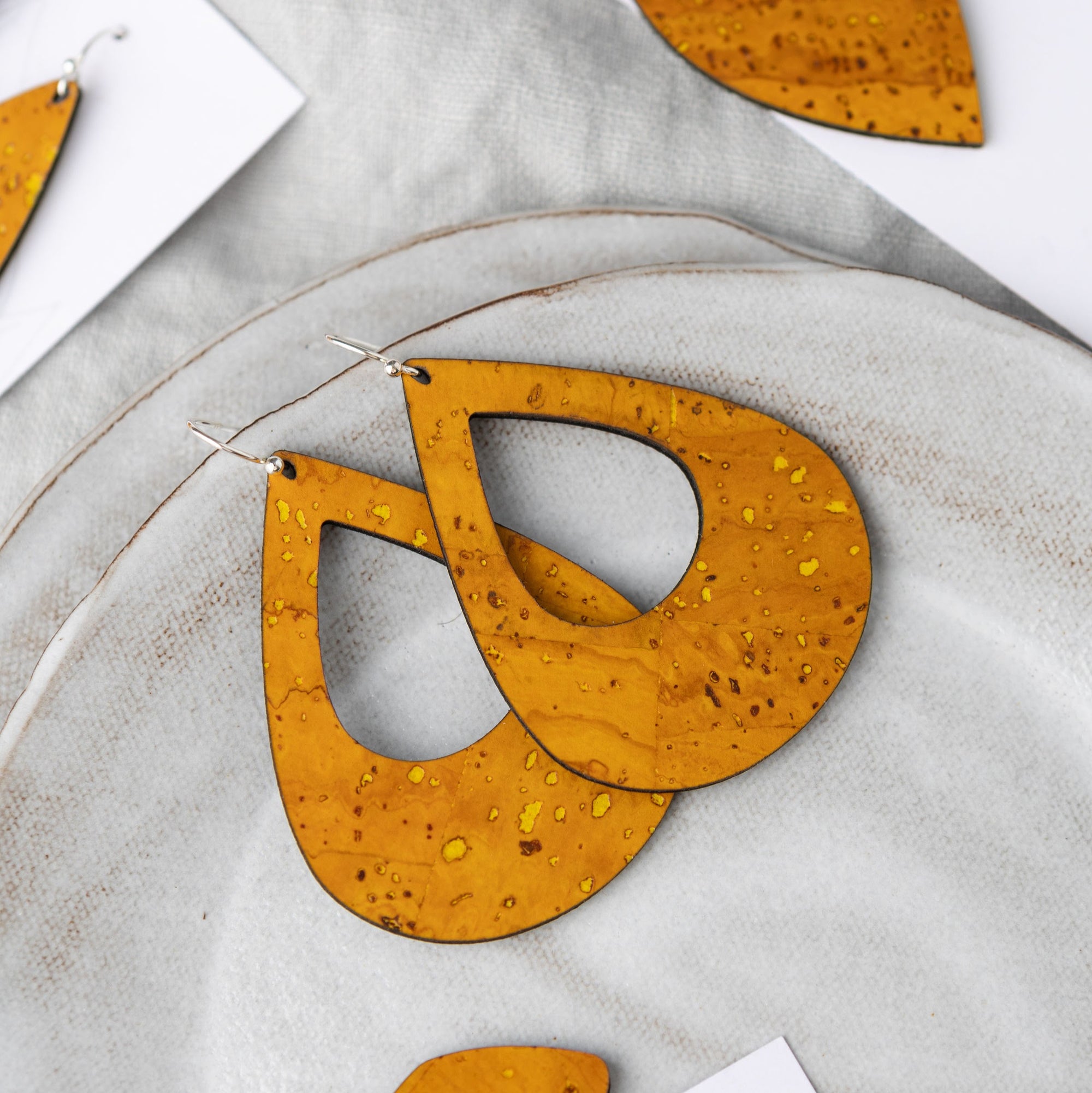 Ochre Yellow Cork Earrings - Large Teardrop