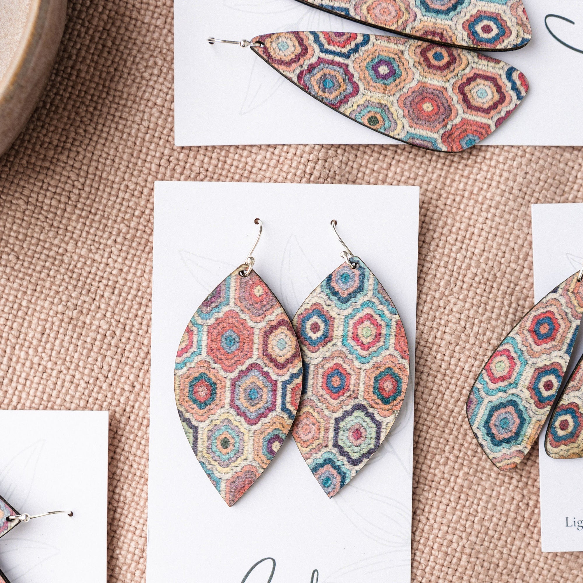 Embroidered Hexagons Cork Earrings - Large Leaf