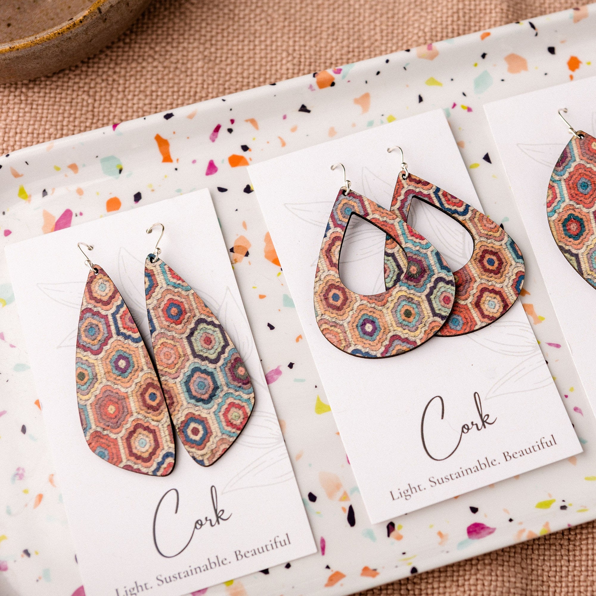Embroidered Hexagons Cork Earrings - Large Wing