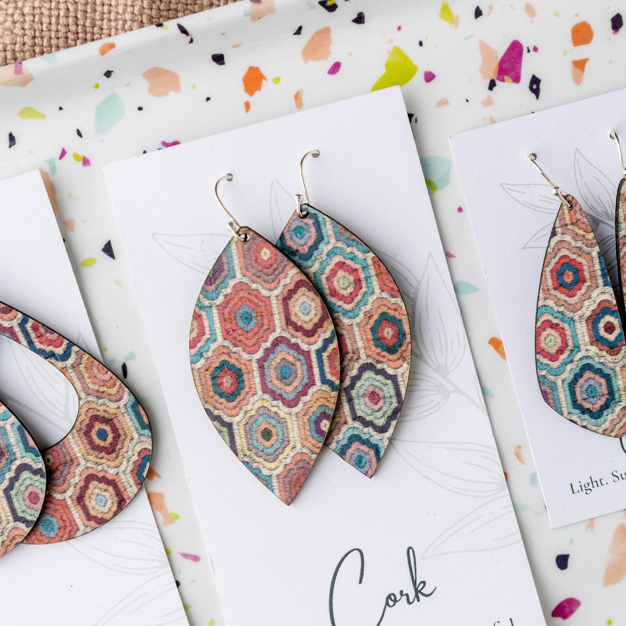 Embroidered Hexagons Cork Earrings - Large Leaf