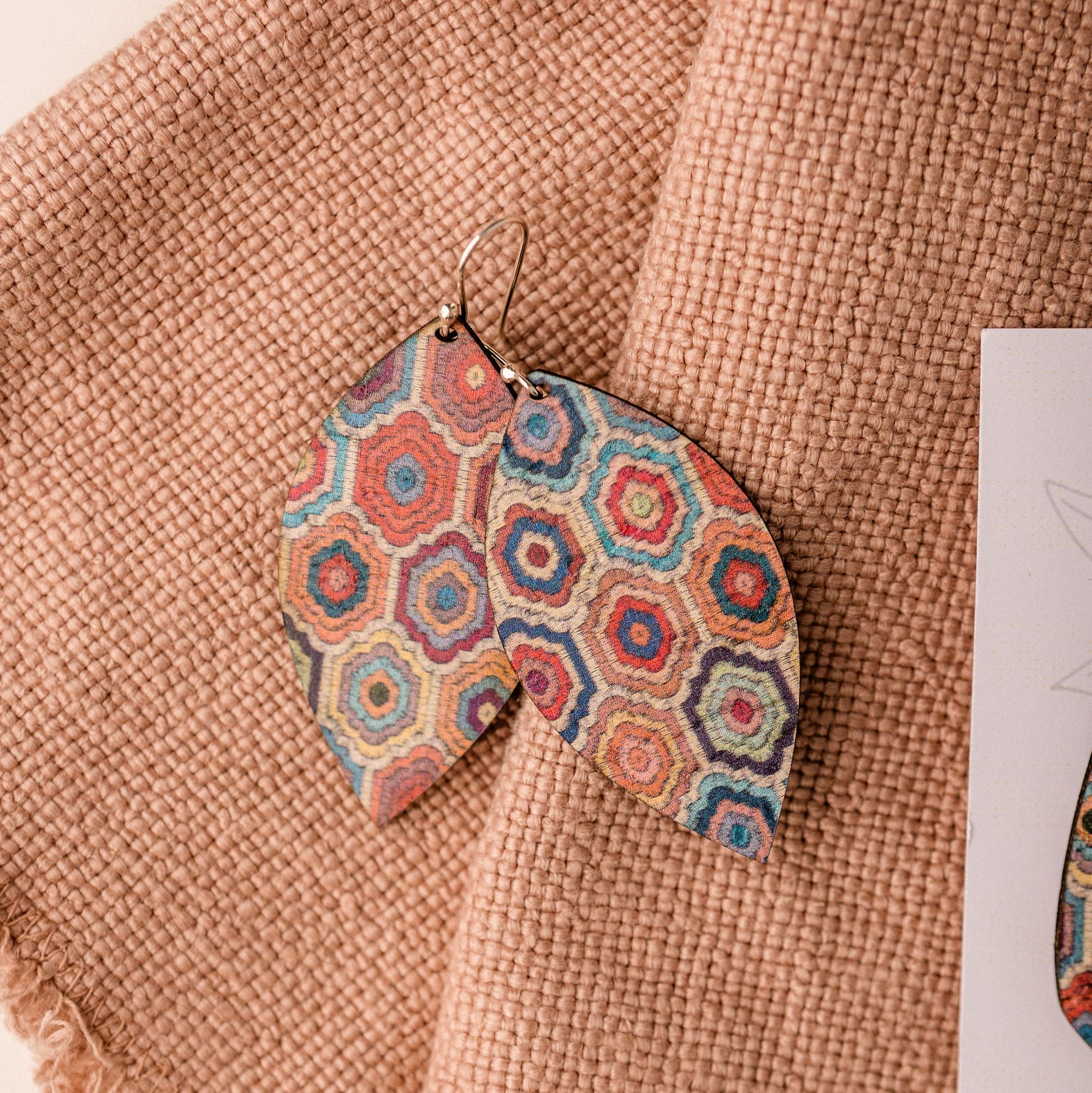 Embroidered Hexagons Cork Earrings - Large Leaf