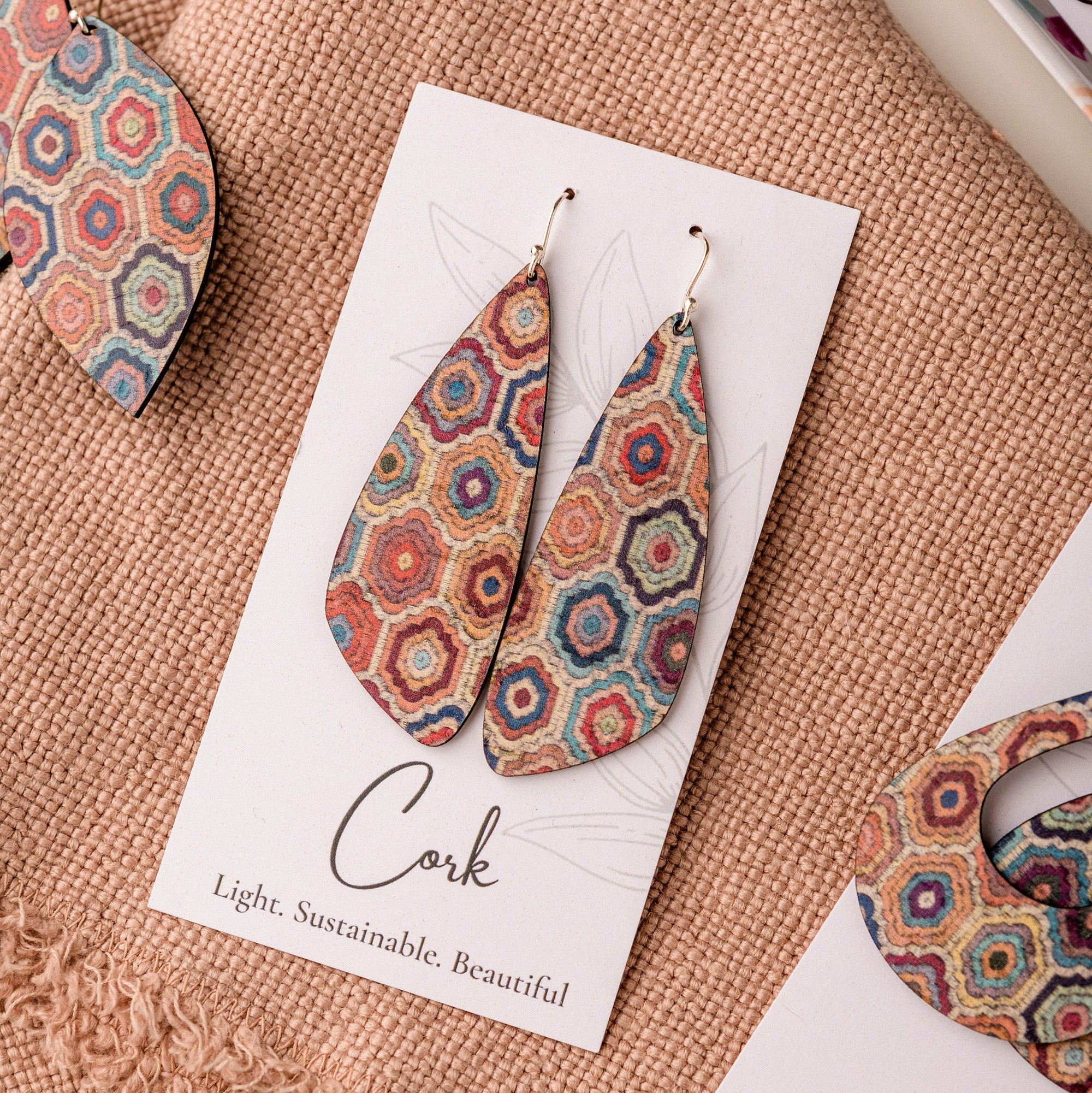 Embroidered Hexagons Cork Earrings - Large Wing