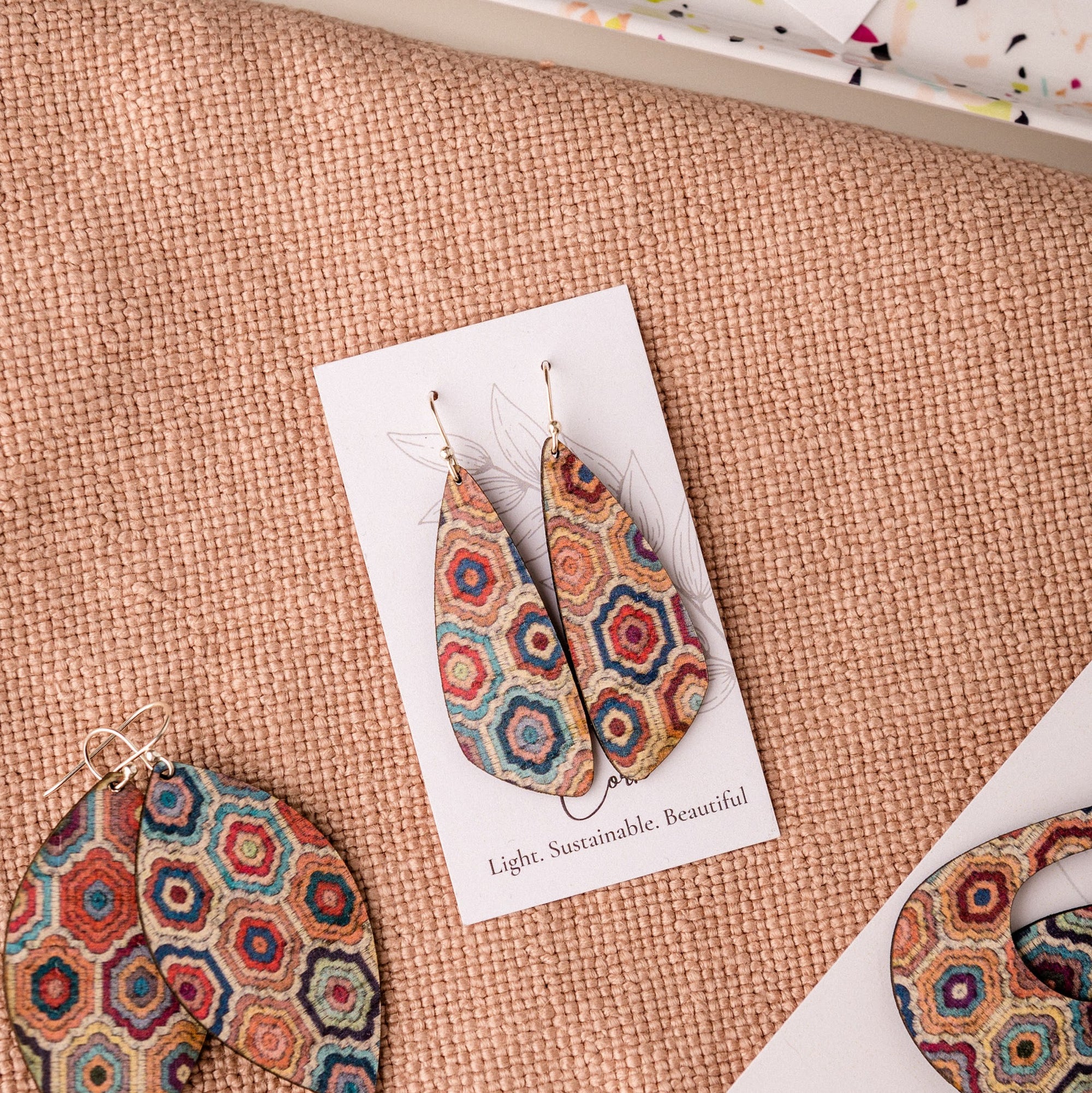 Embroidered Hexagons Cork Earrings - Small Wing