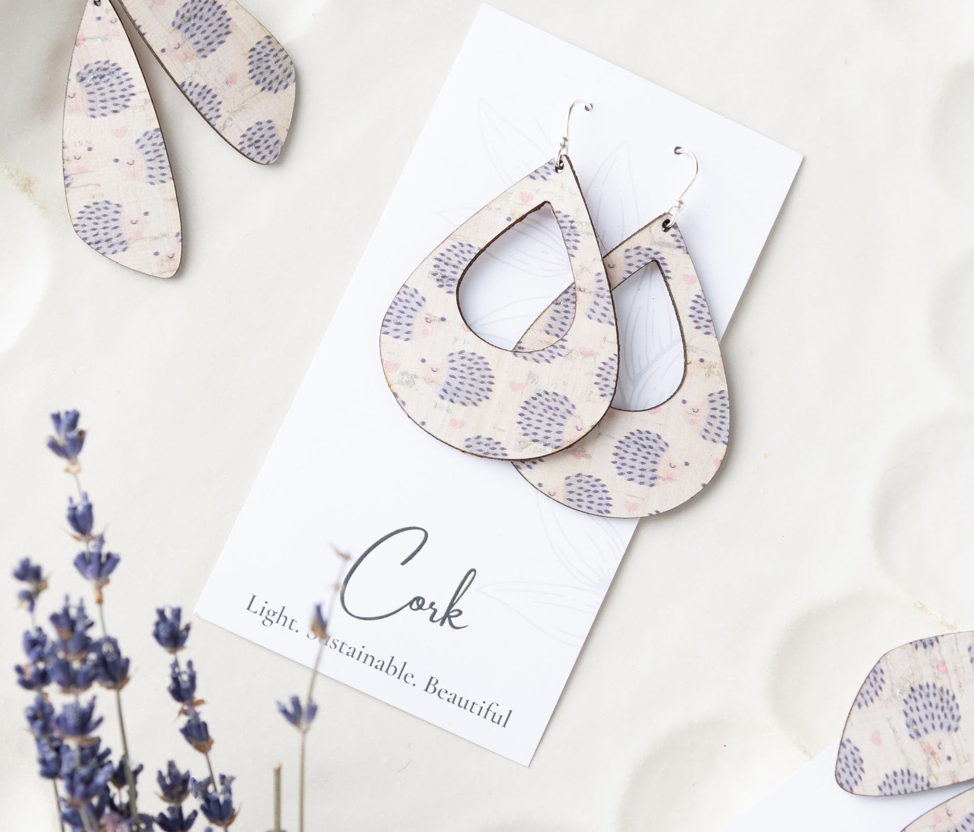 Hedgehog and Heart Cork Earrings - Large Teardrop