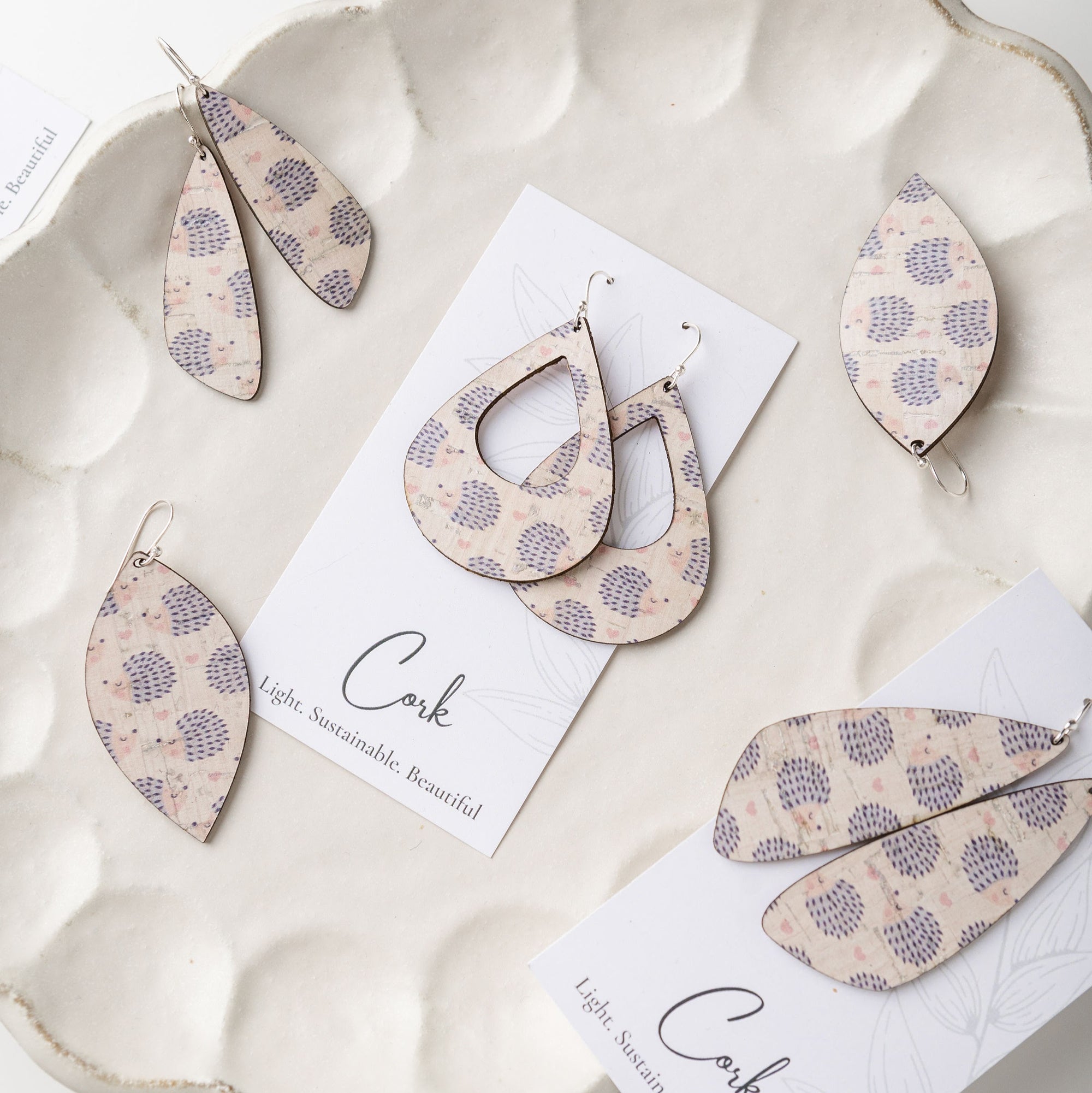 Hedgehog and Heart Cork Earrings - Large Teardrop