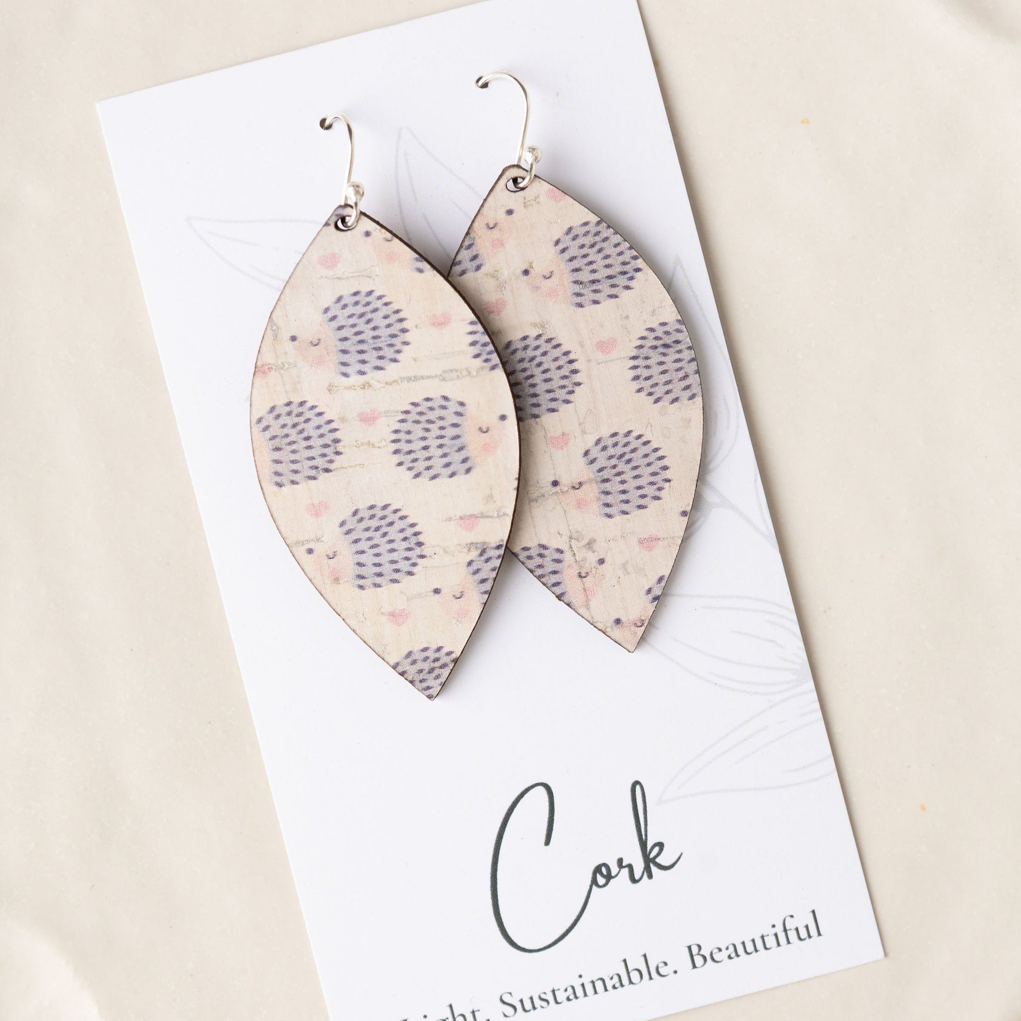 Hedgehog and Heart Cork Earrings - Large Leaf
