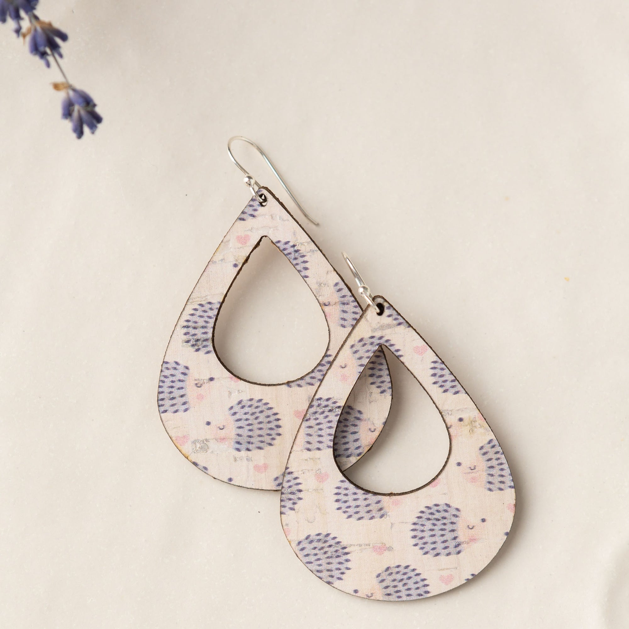 Hedgehog and Heart Cork Earrings - Large Teardrop