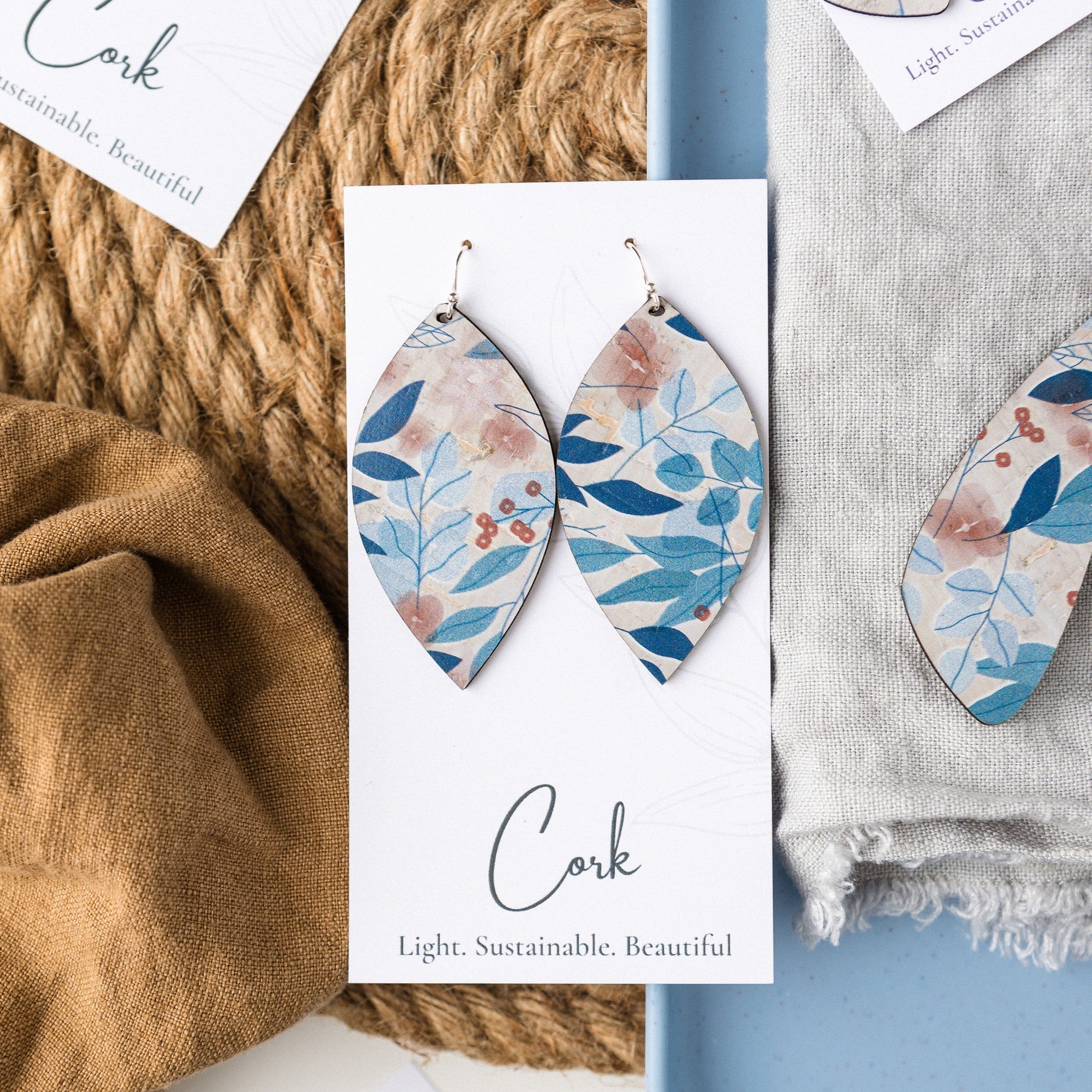 Blue Fall Leaves Cork Earrings - Large Leaf