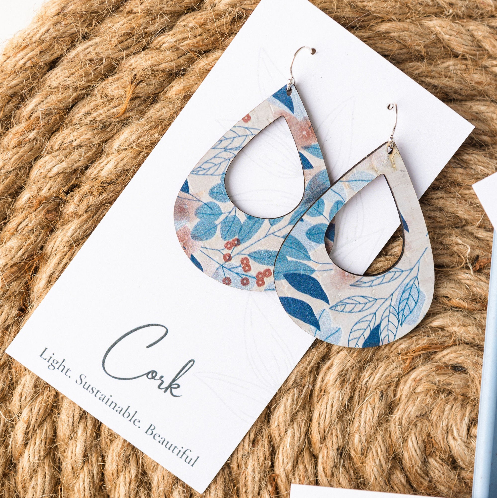 Blue Fall Leaves Cork Earrings - Large Teardrop