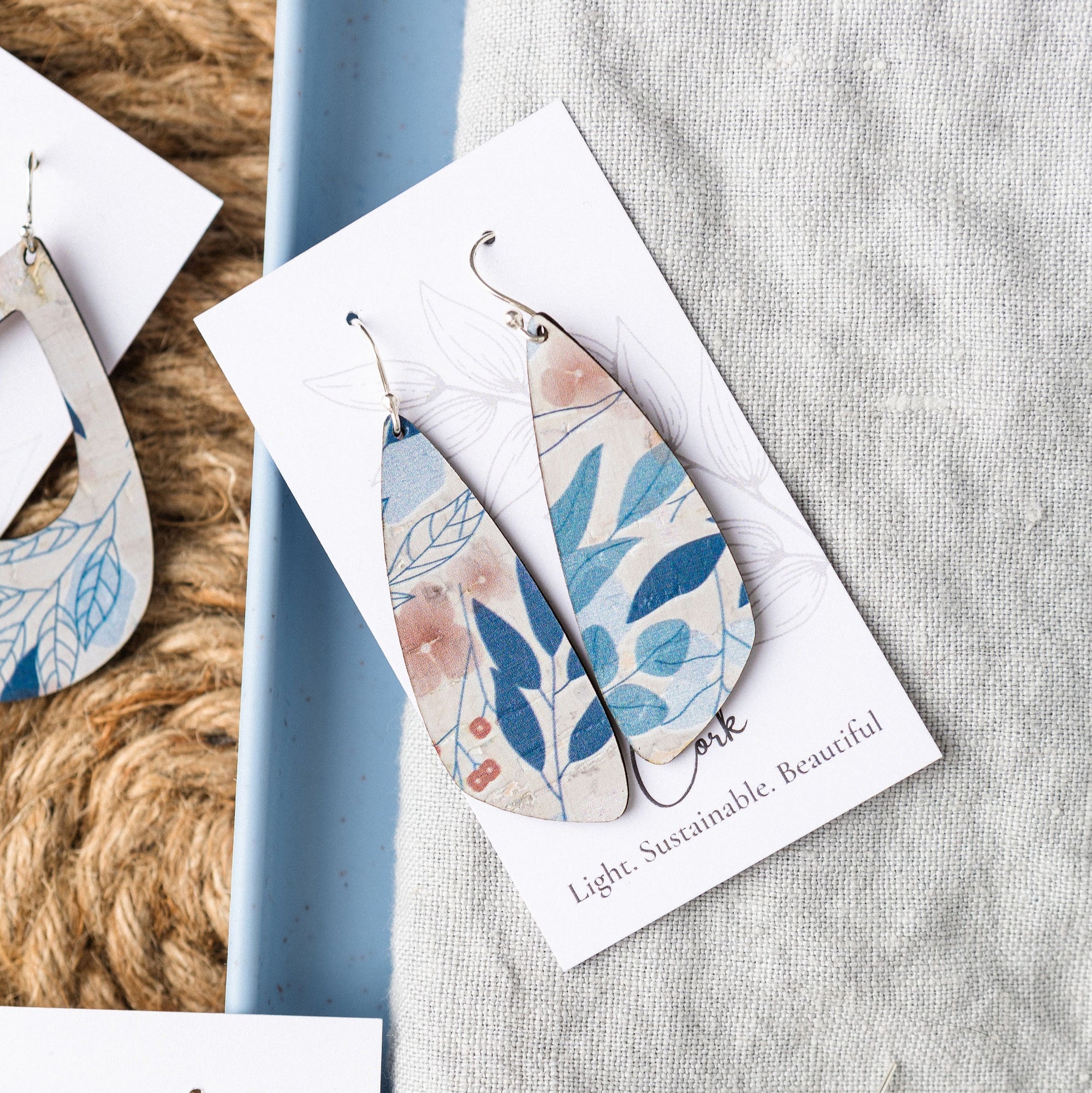 Blue Fall Leaves Cork Earrings - Small Wing