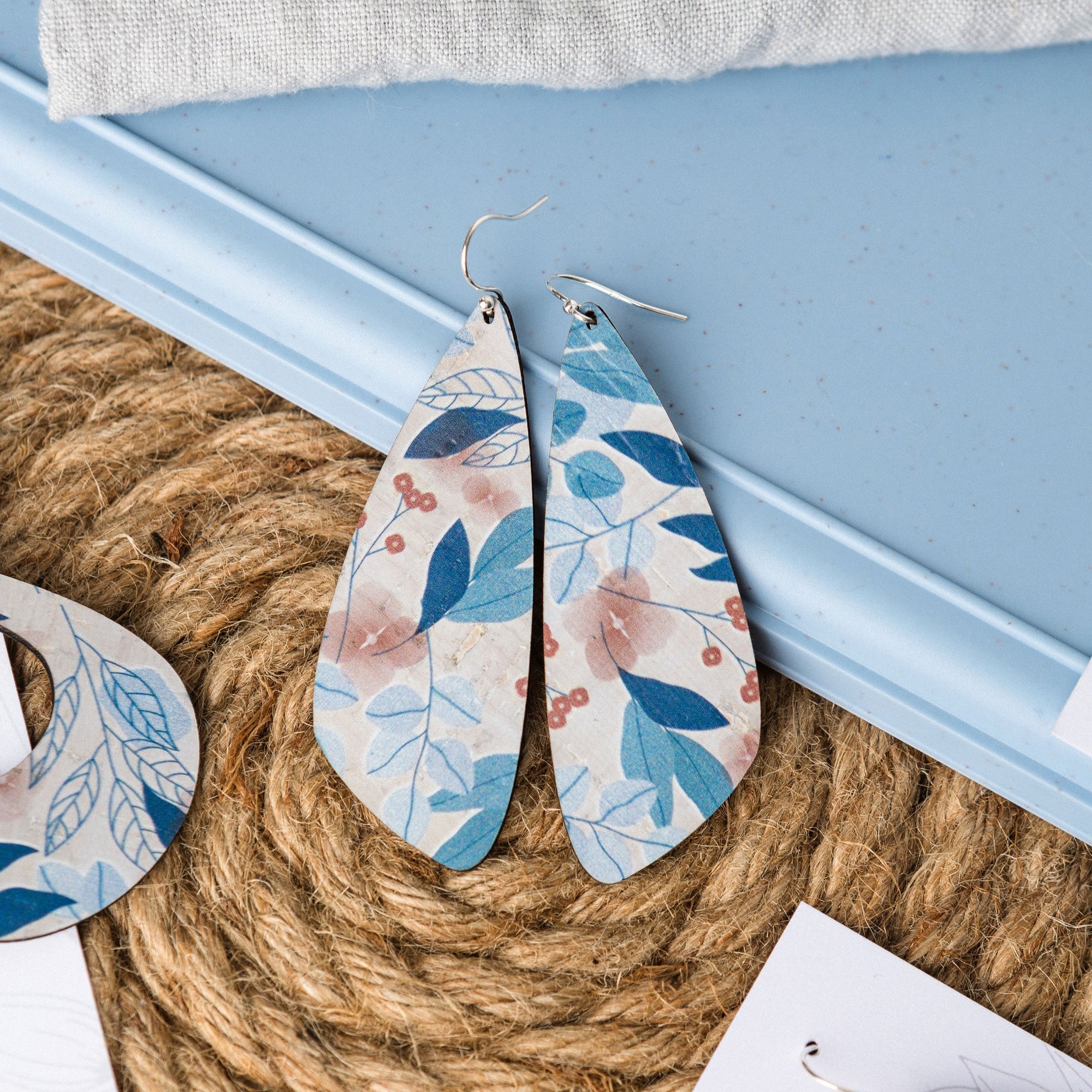 Blue Fall Leaves Cork Earrings - Large Wing