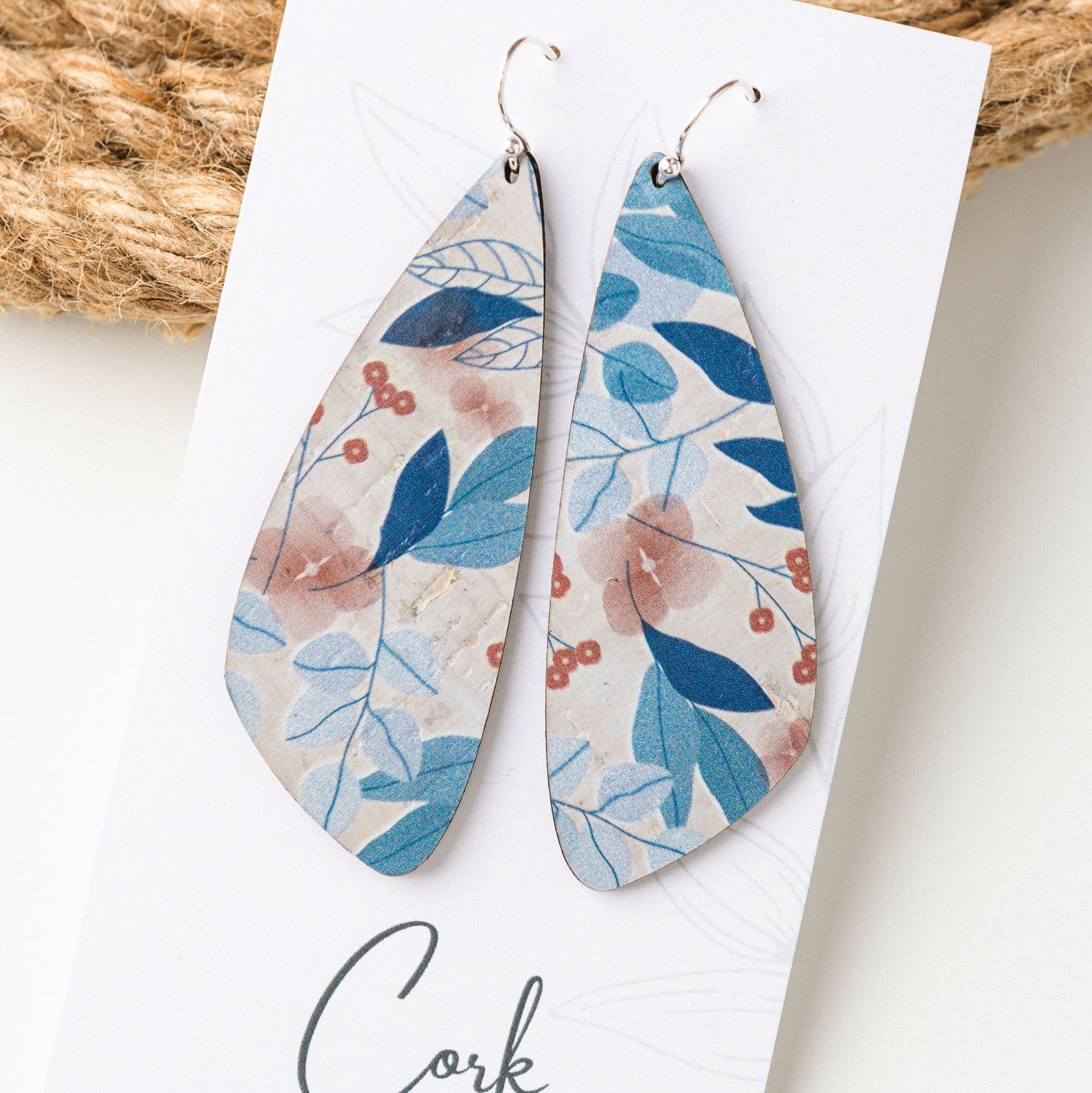 Blue Fall Leaves Cork Earrings - Large Wing