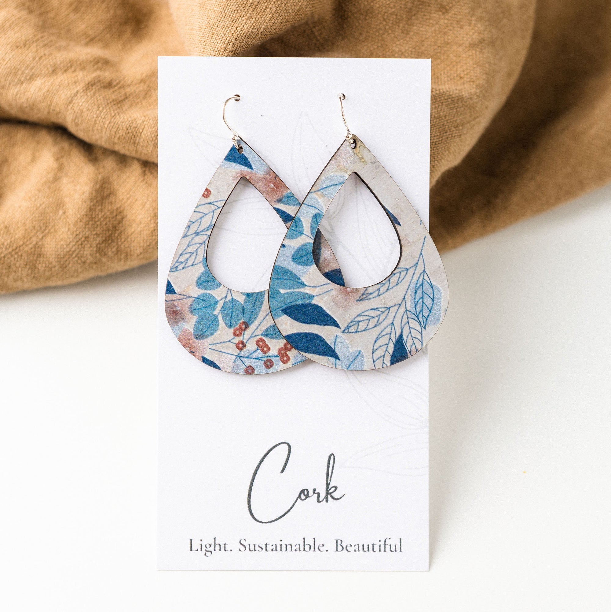 Blue Fall Leaves Cork Earrings - Large Teardrop