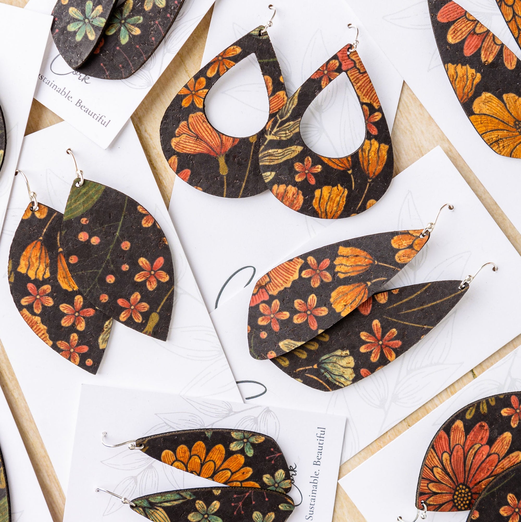 Floral on Black Cork Earrings - Large Wing