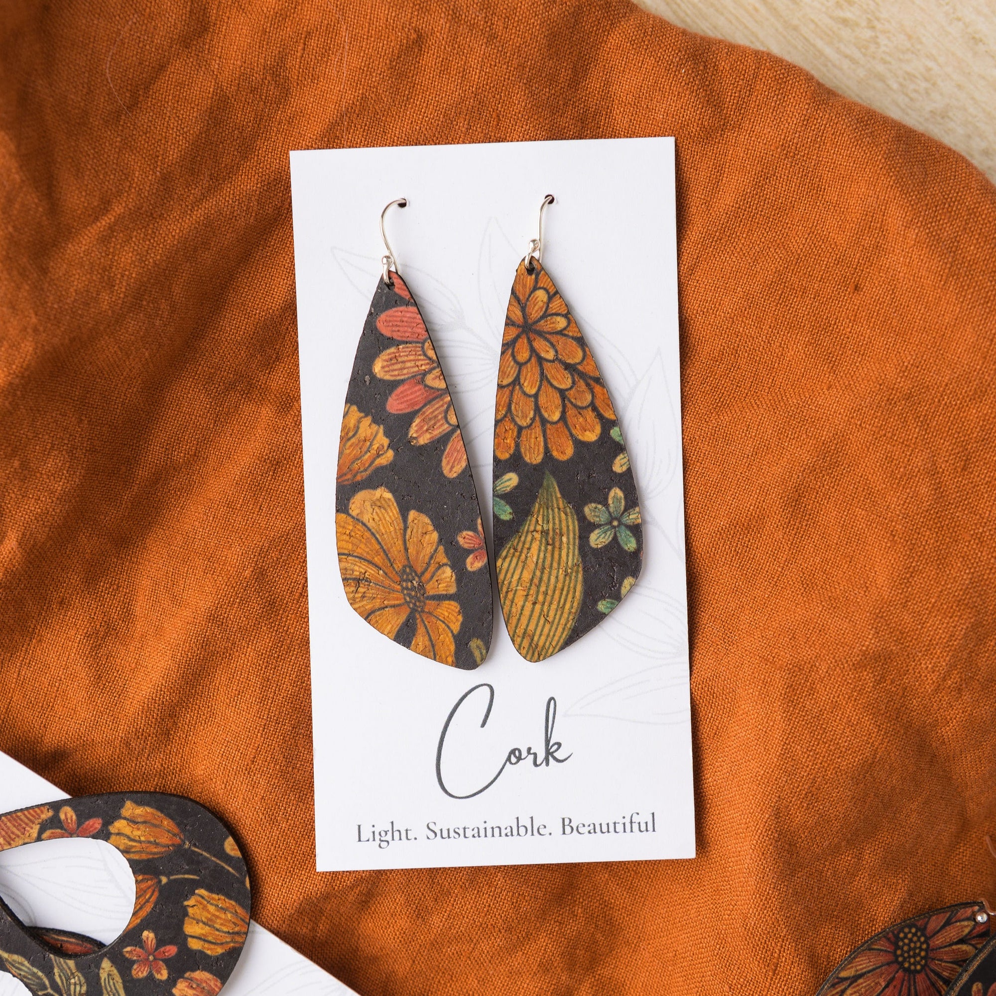 Floral on Black Cork Earrings - Large Wing