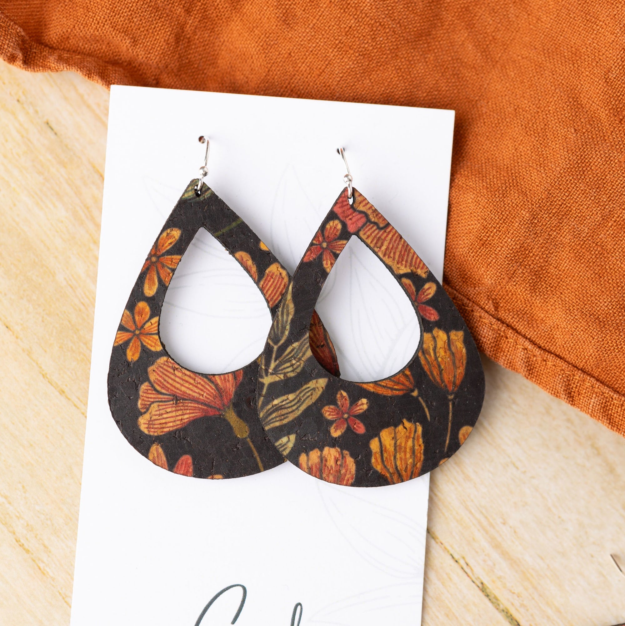 Floral on Black Cork Earrings - Large Teardrop
