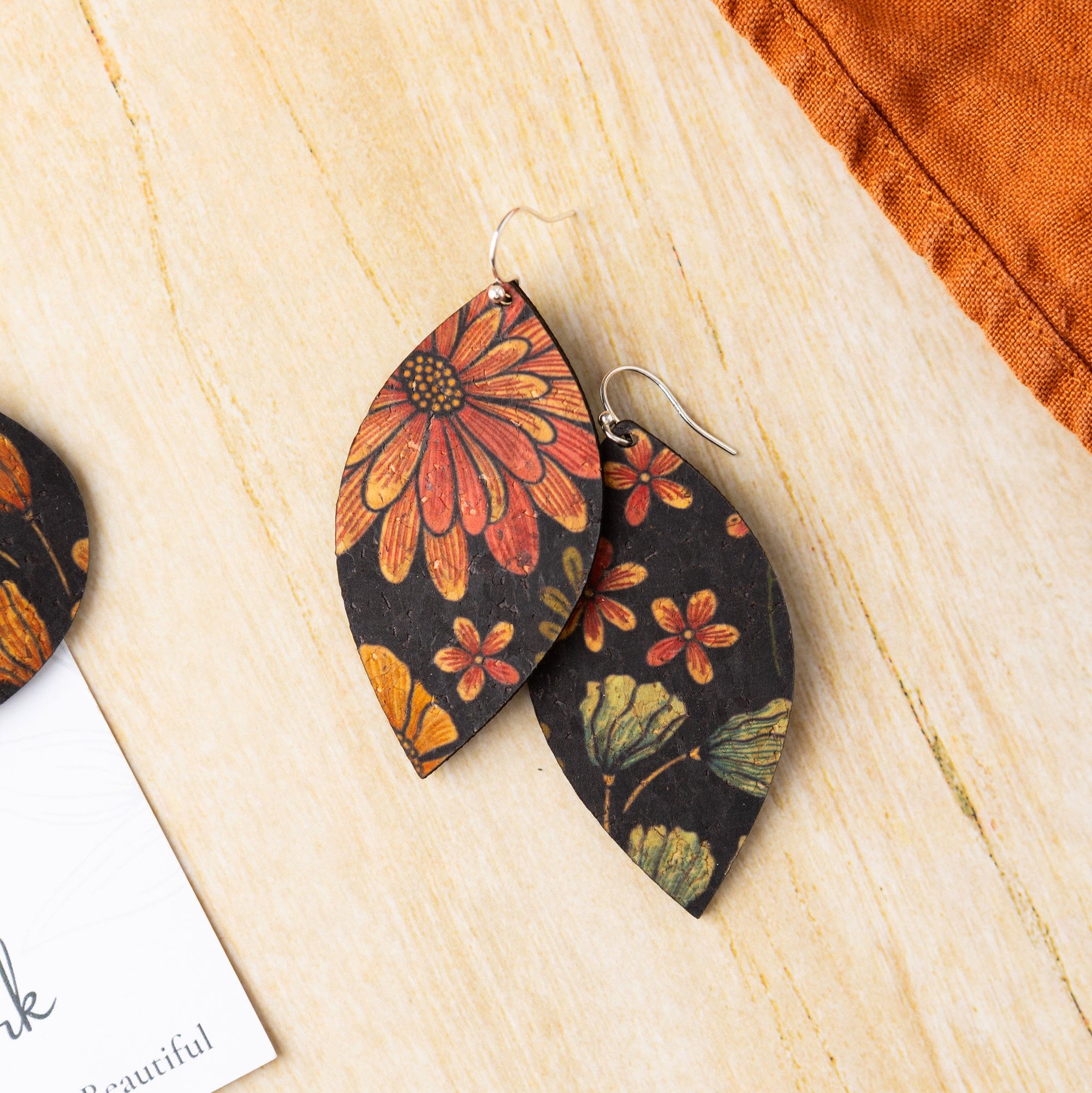 Floral on Black Cork Earrings - Large Leaf