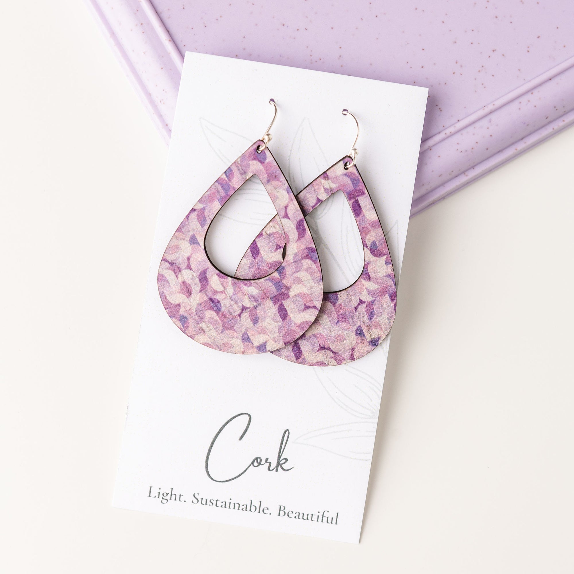 Purple Abstract Cork Earrings - Large Teardrop
