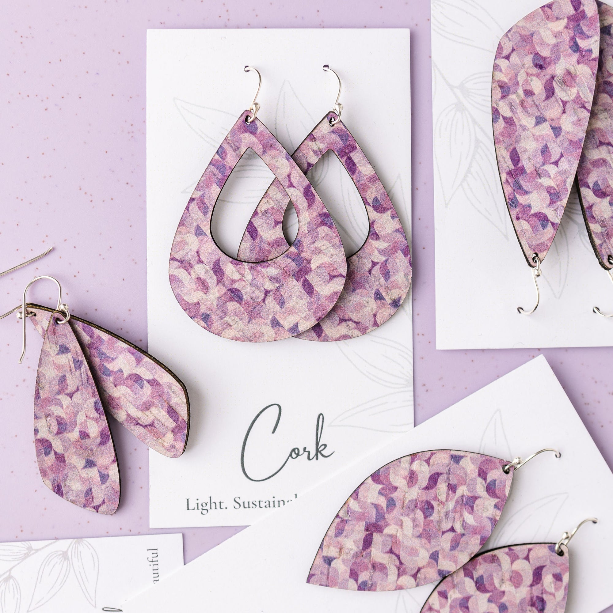 Purple Abstract Cork Earrings - Large Teardrop