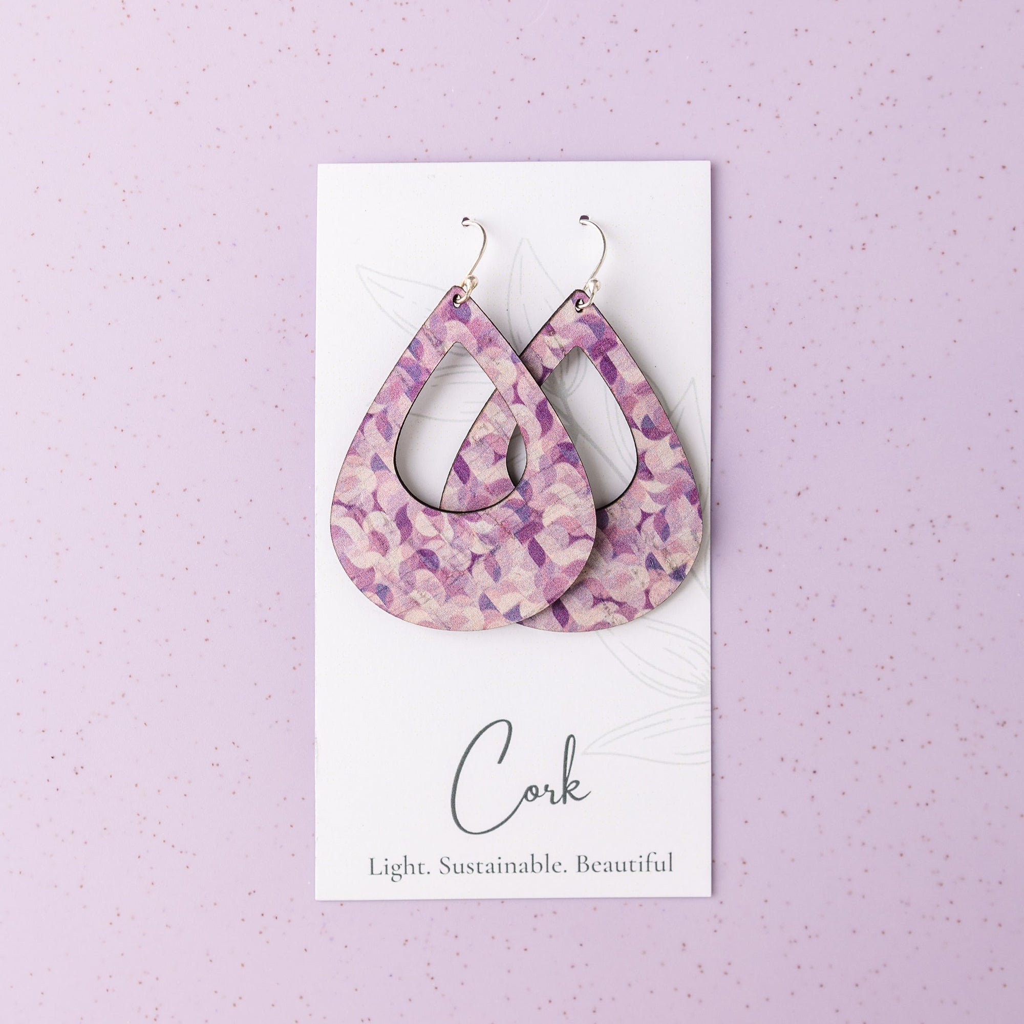 Purple Abstract Cork Earrings - Large Teardrop