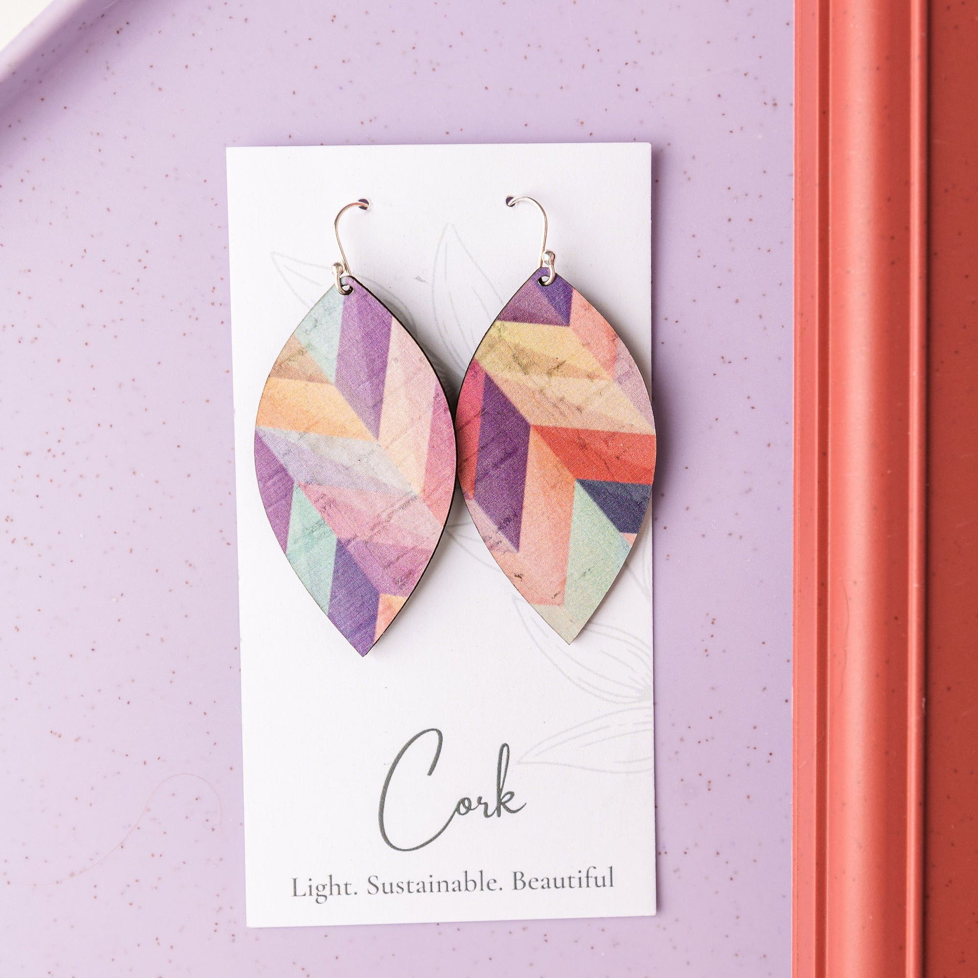 Pink Herringbone Cork Earrings - Large Leaf