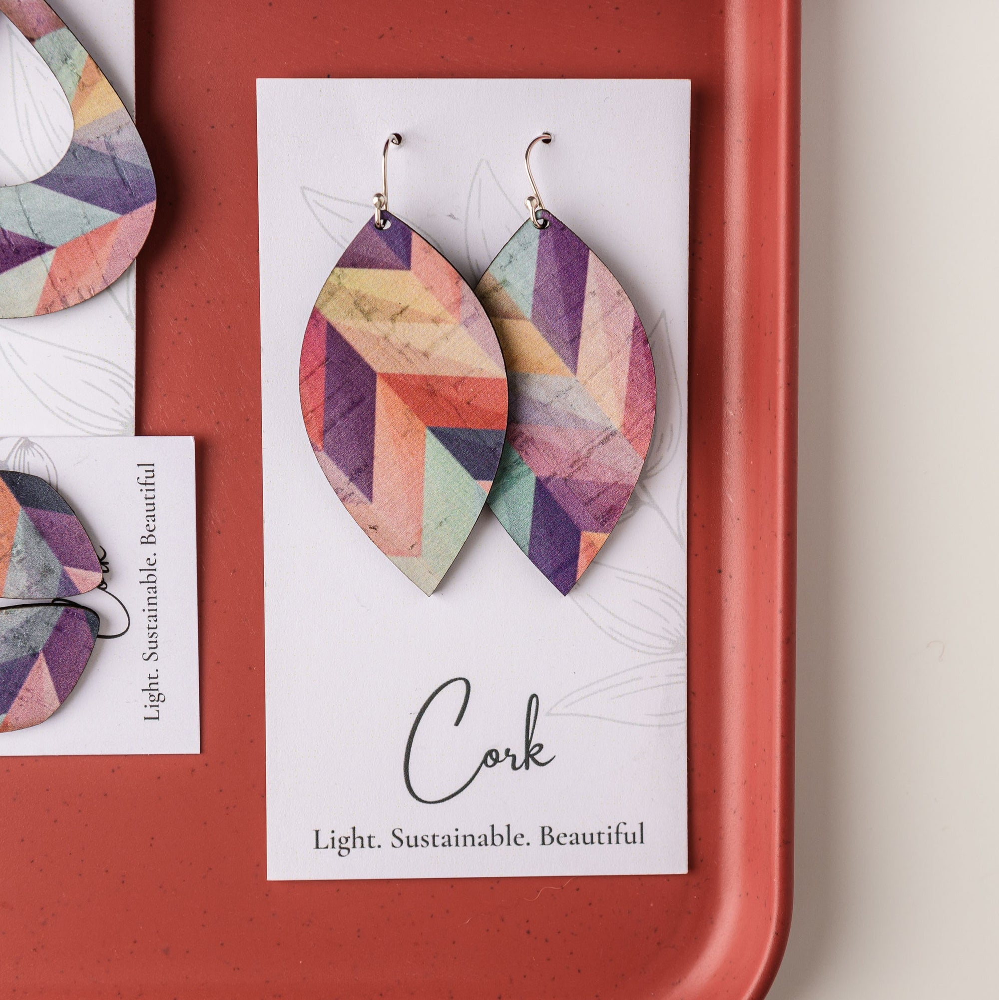 Pink Herringbone Cork Earrings - Large Leaf