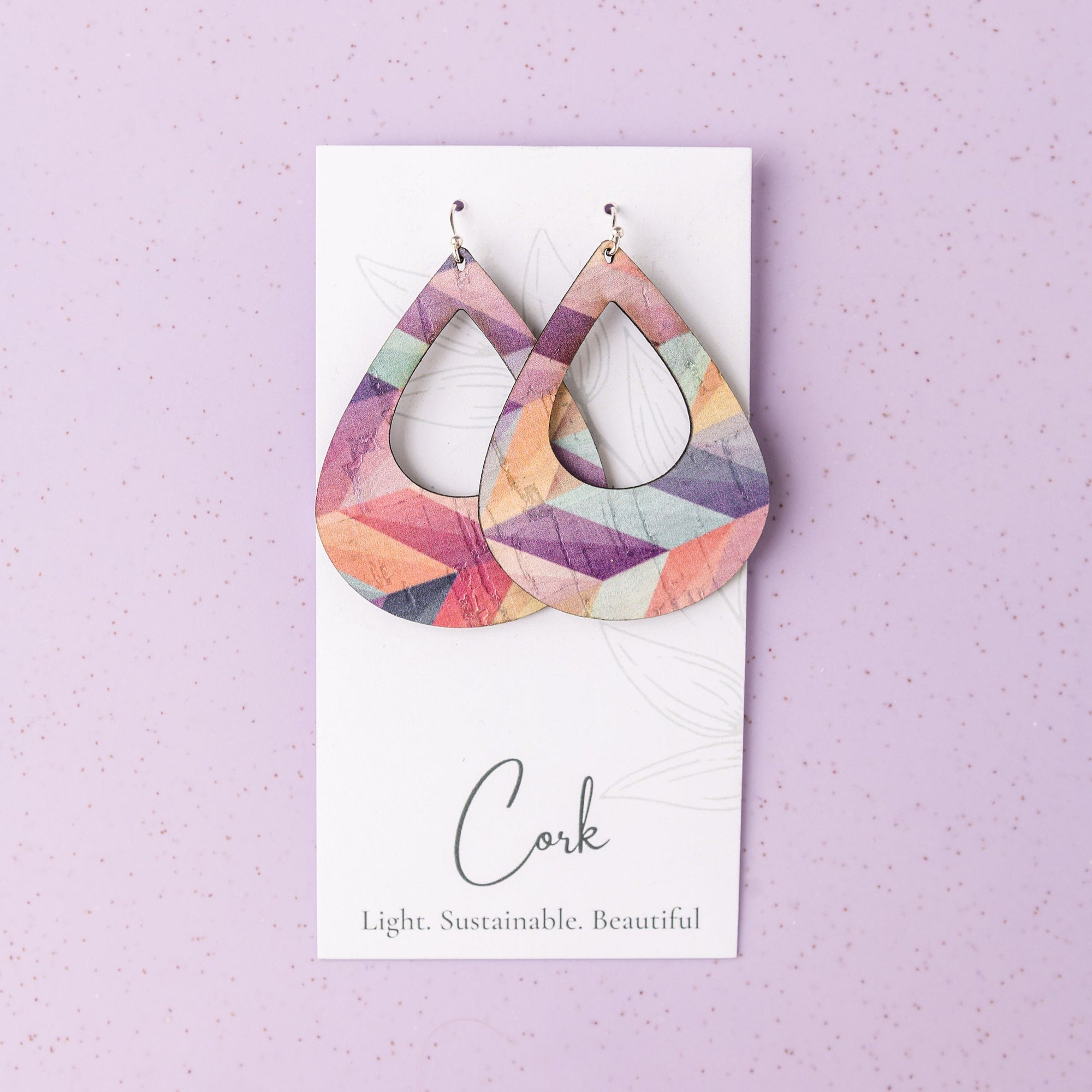 Pink Herringbone Cork Earrings - Large Teardrop