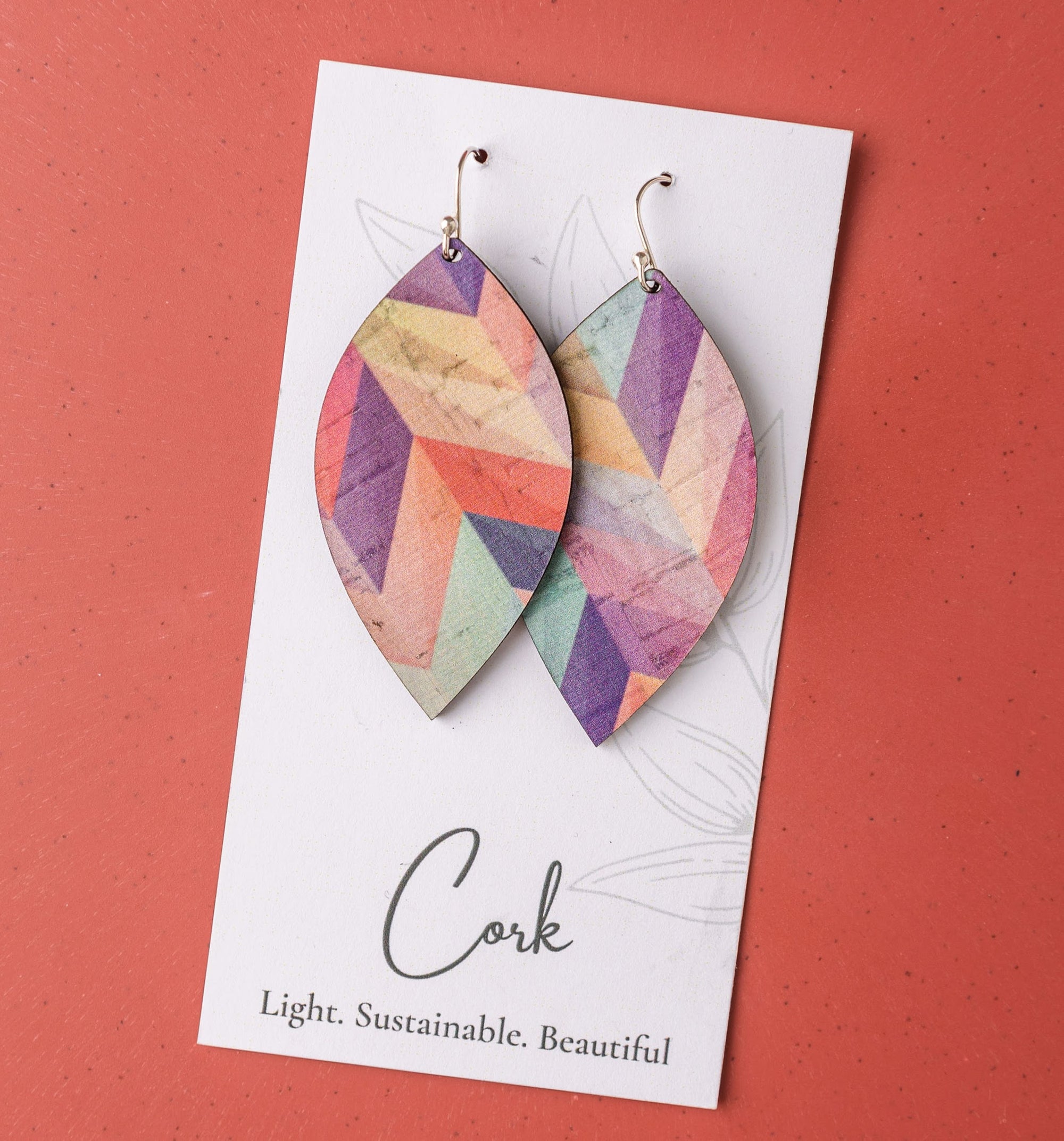 Pink Herringbone Cork Earrings - Large Leaf