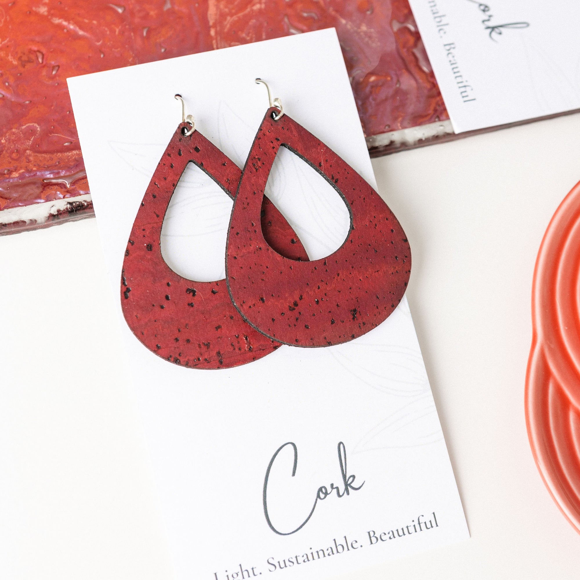 Wine Red Cork Earrings - Large Teardrop