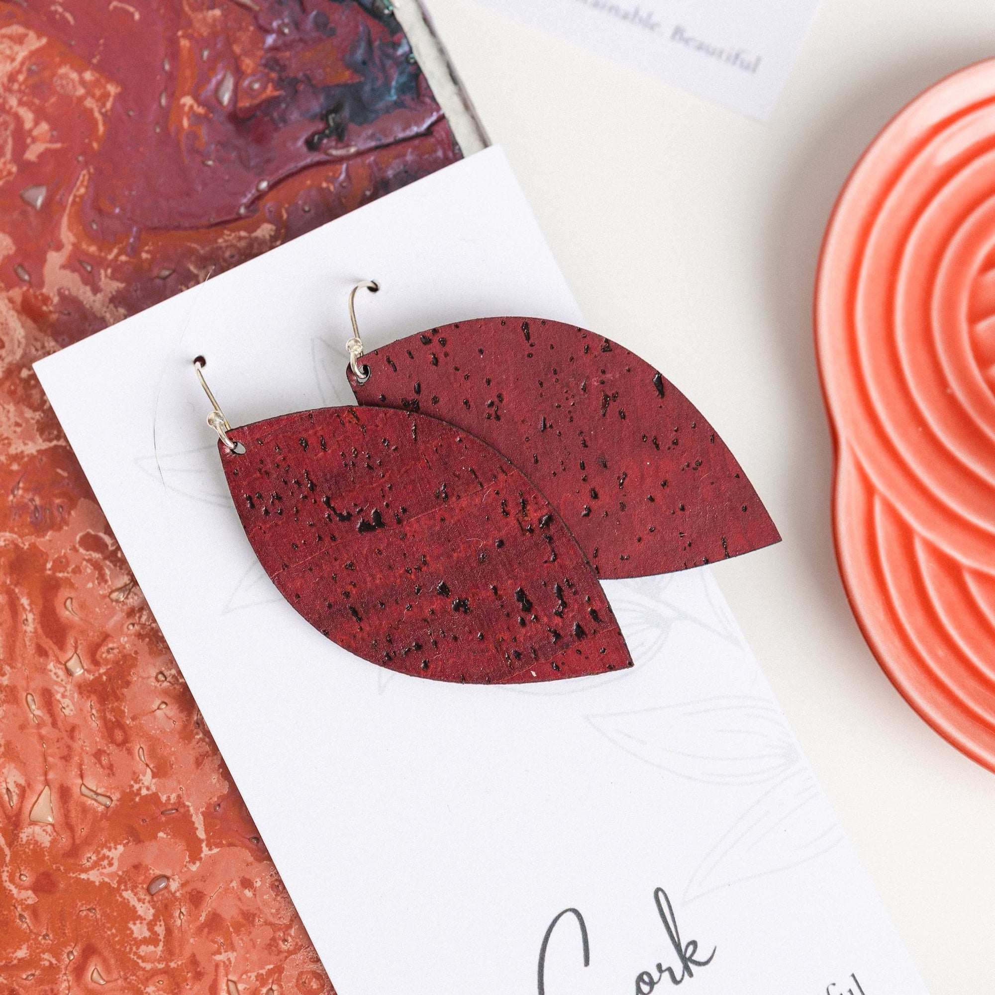 Wine Red Cork Earrings - Large Leaf