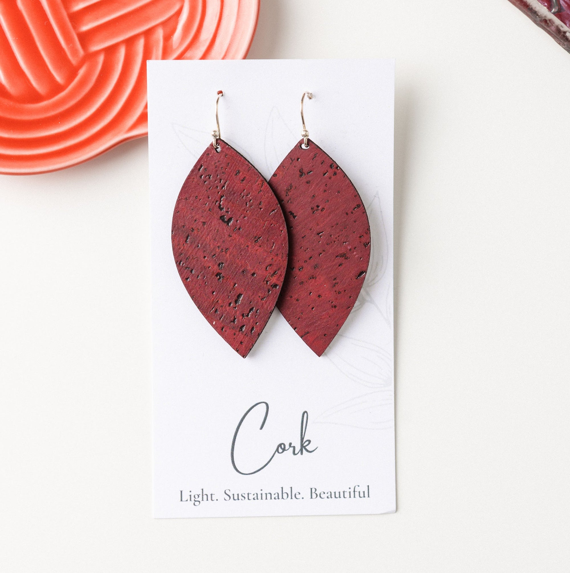Wine Red Cork Earrings - Large Leaf